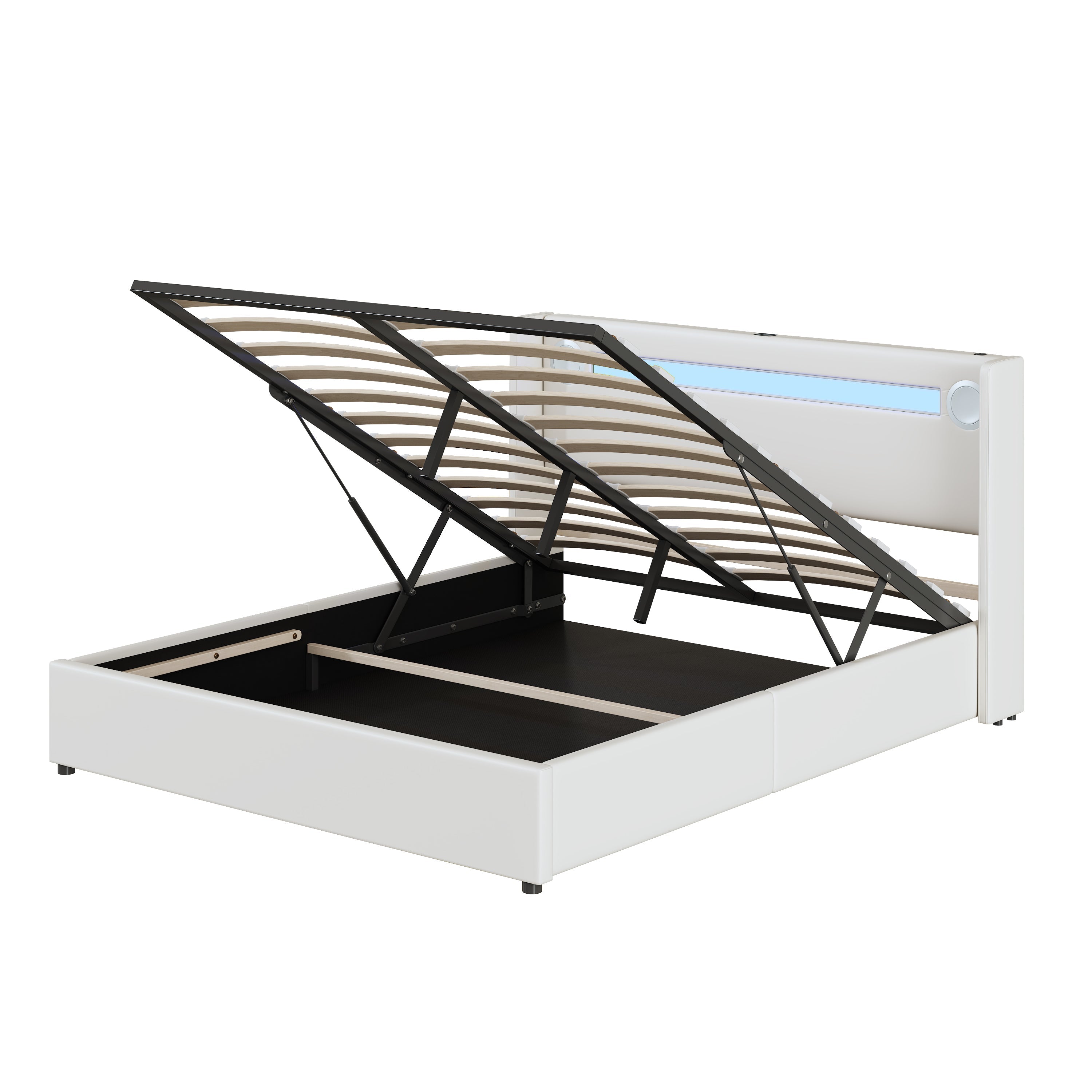 Upholstered Bed 160x200 with LED, Bluetooth, USB, Storage, PU Leather White