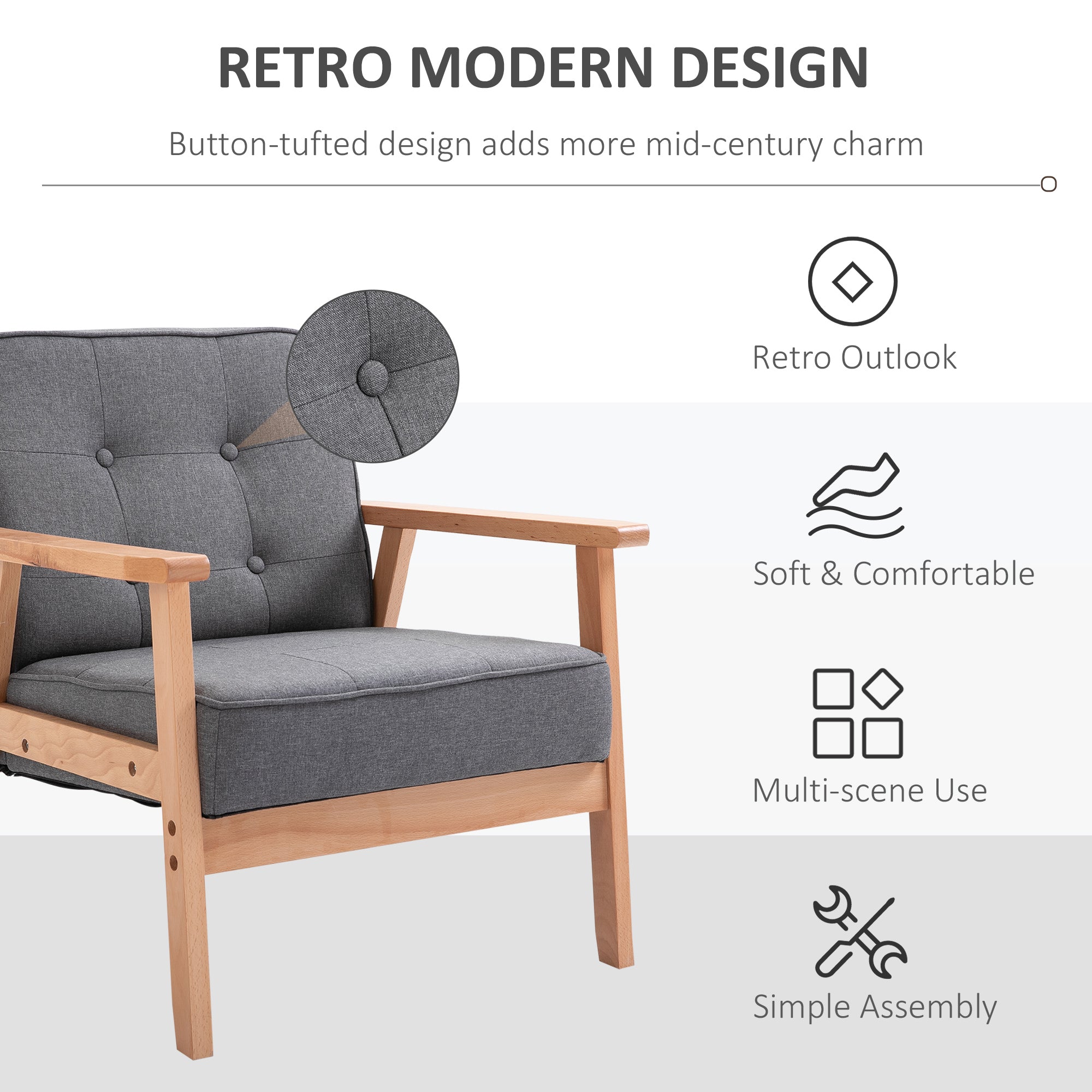 Minimalistic Accent Chair with Padded Wooden Frame - Dark Grey