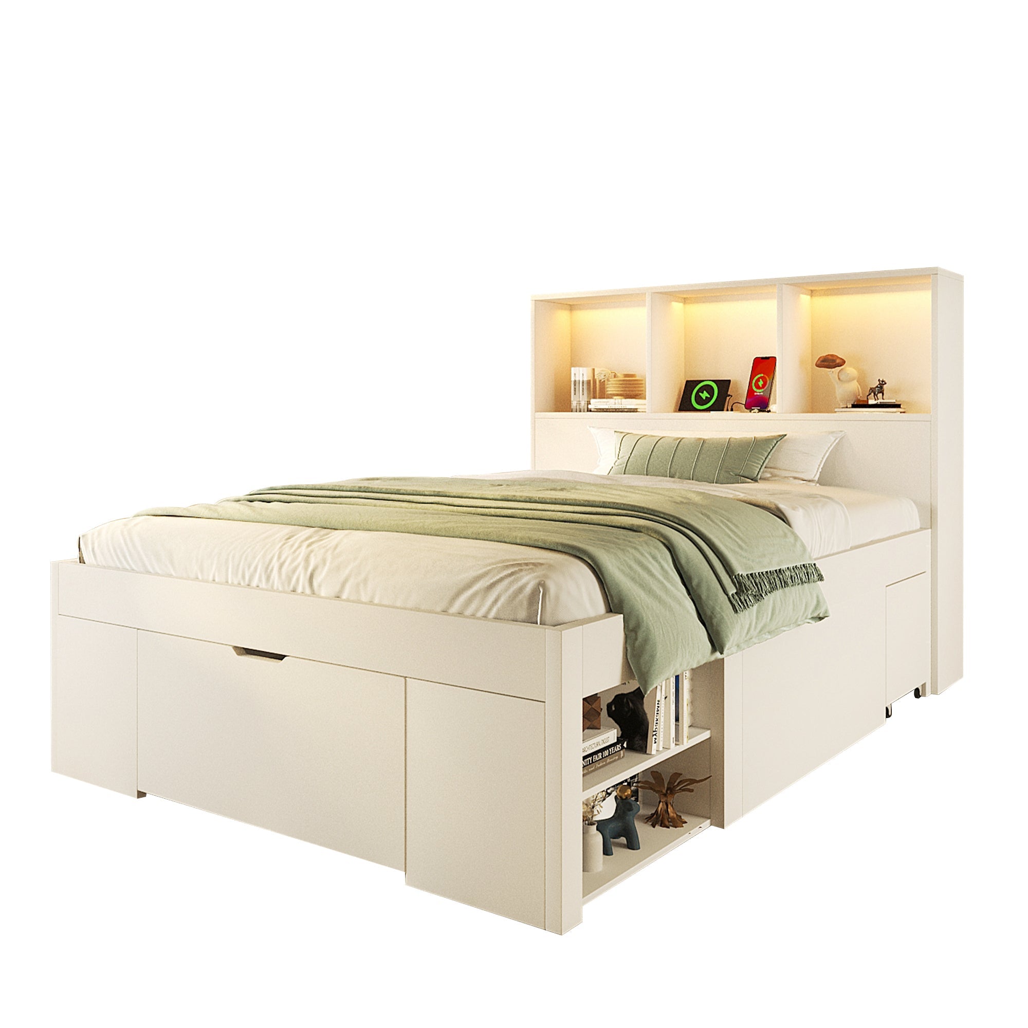 Functional Bed with LED, USB-C Charging, Storage and Movable Bedside Table, 90x200cm, White Wood