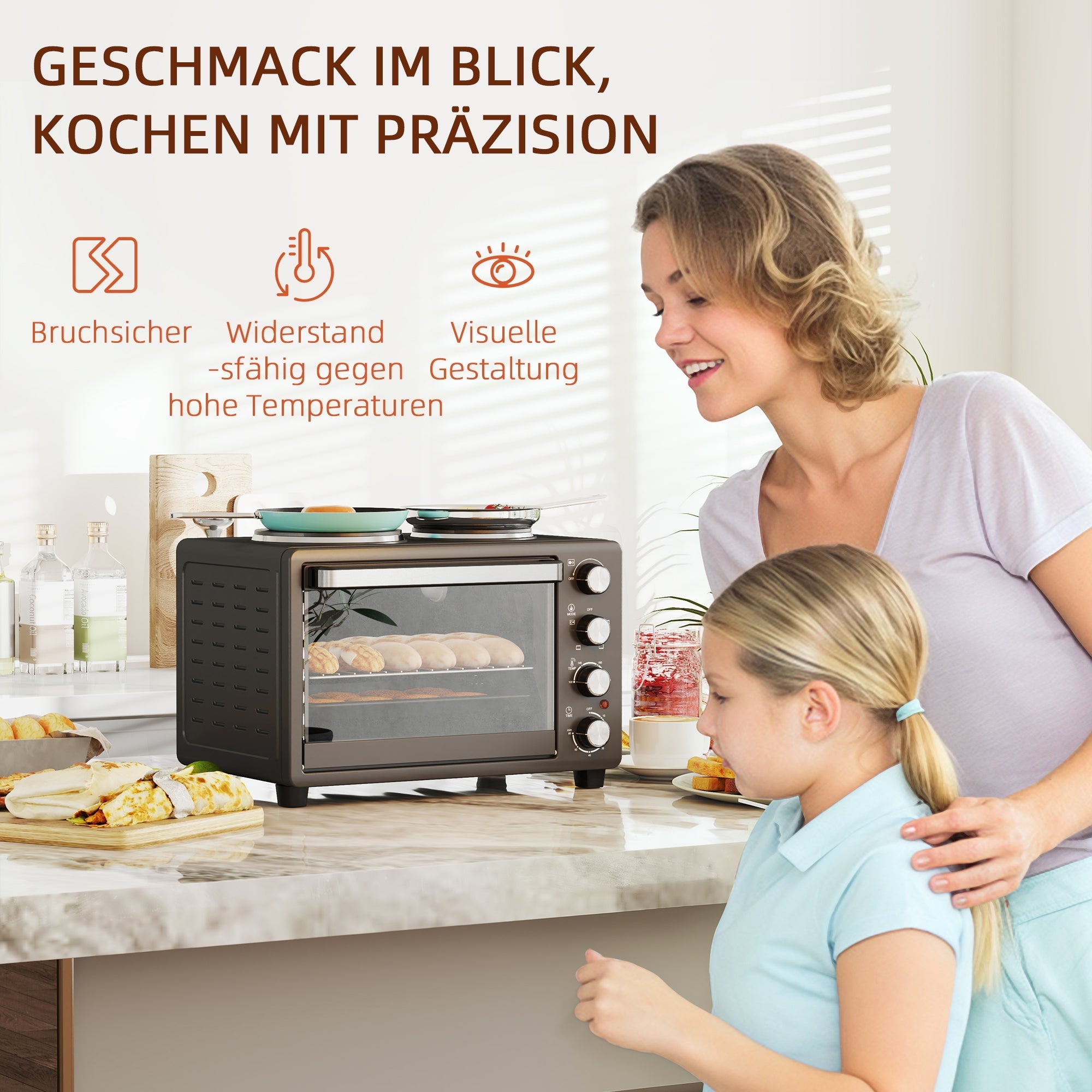 Mini-Backofen 28L 2600W mit 2 Kochplatten, Schwarz