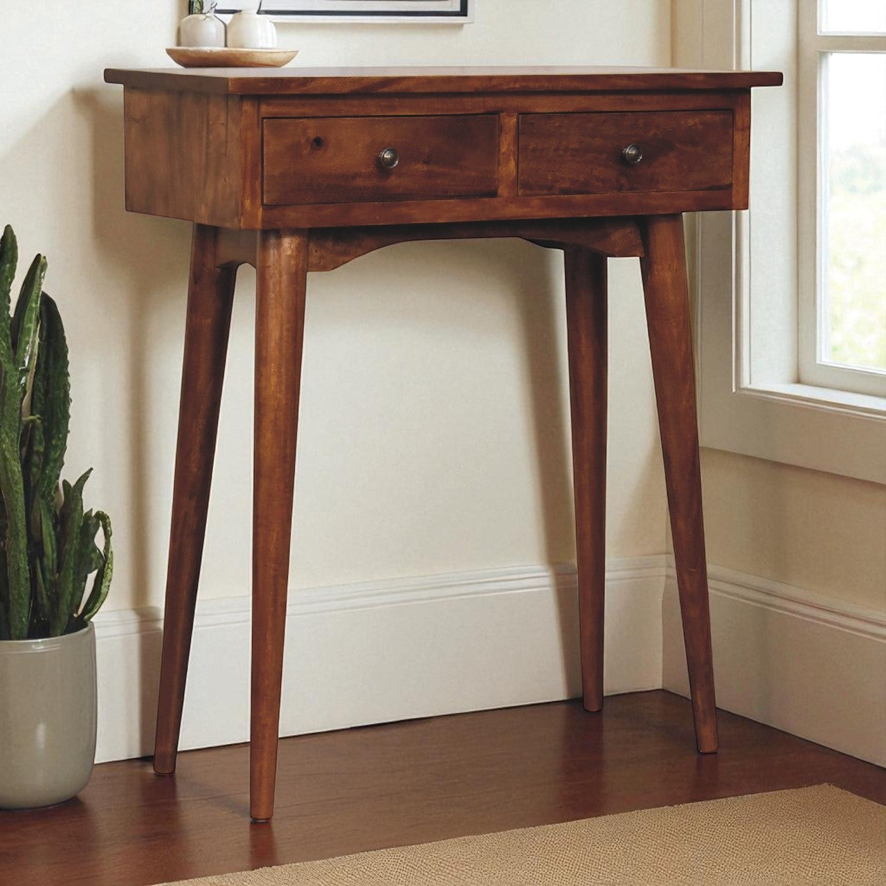 Solid Wood Mini Hallway Console, 2 Drawers, Brown