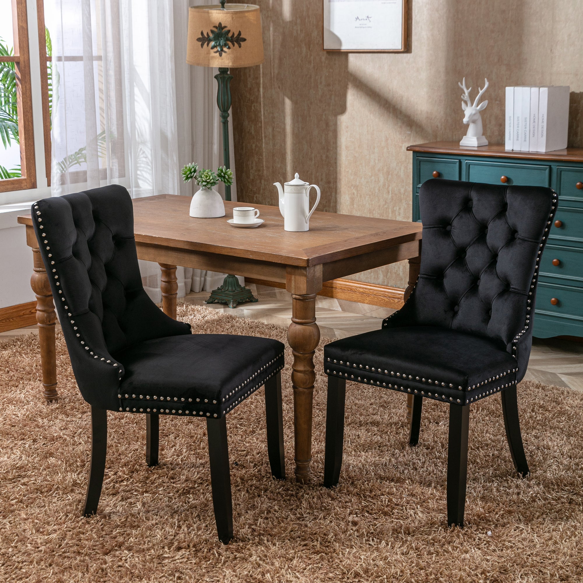 Modern Set of 2 Upholstered Velvet Dining Chairs, Button Tufted with Solid Wood Legs, Black