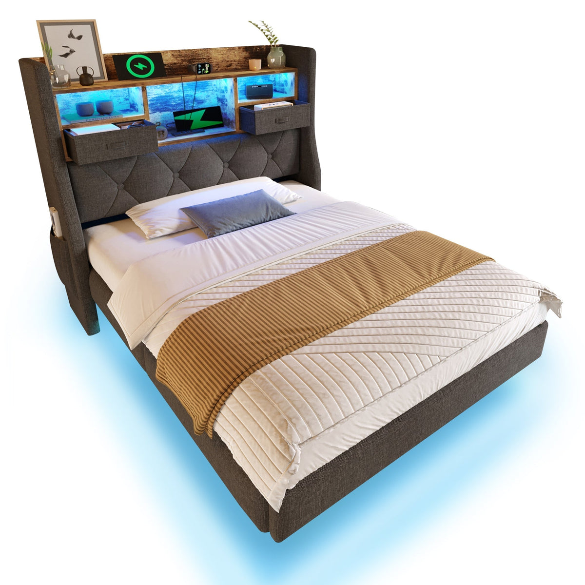 Upholstered Single Bed 90x200cm Floating Design LED Charging Station Storage, Linen Grey