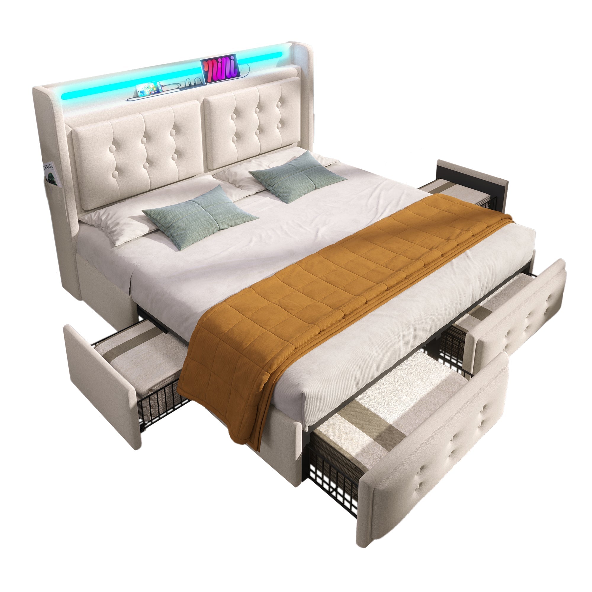 Upholstered Bed 160x200, Double with LED Headboard, USB-C Charging & 4 Drawers, Beige Cotton