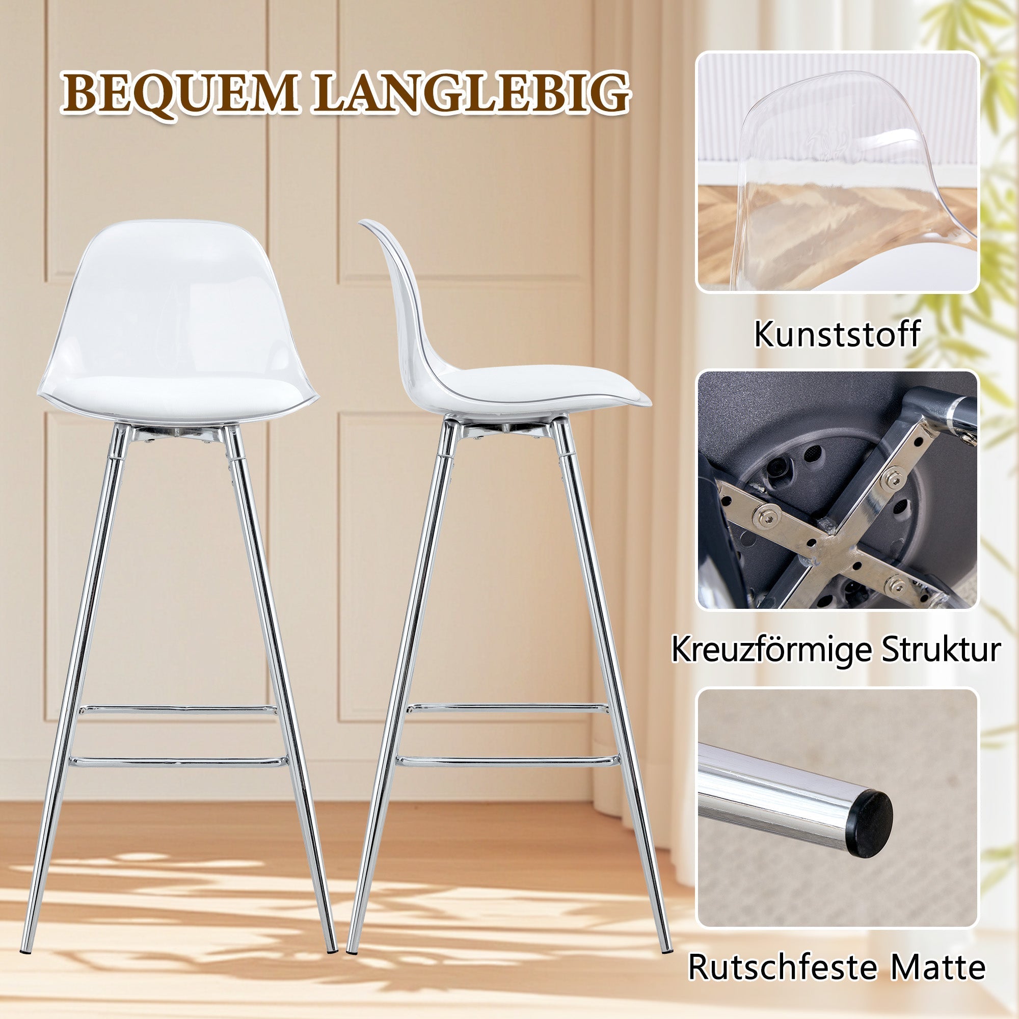 Transparent Armchairs 2-Piece Set Translucent Backrests Silver Metal Frame
