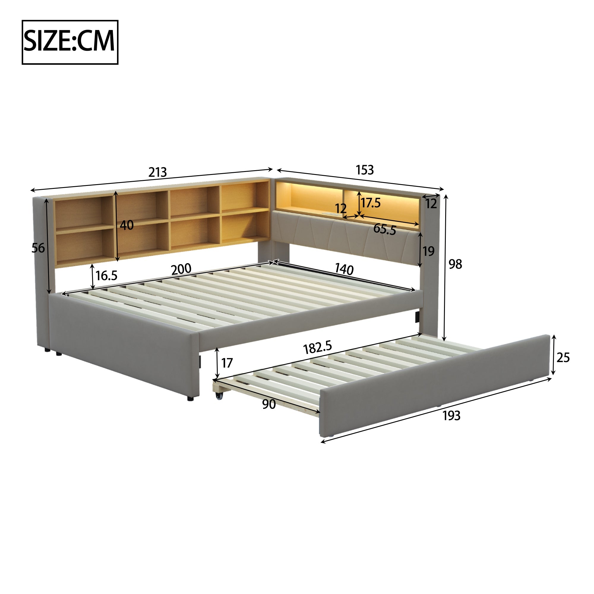 Sofa Bed 140x200 Pull-out LED Storage, Flannel Dark Gray
