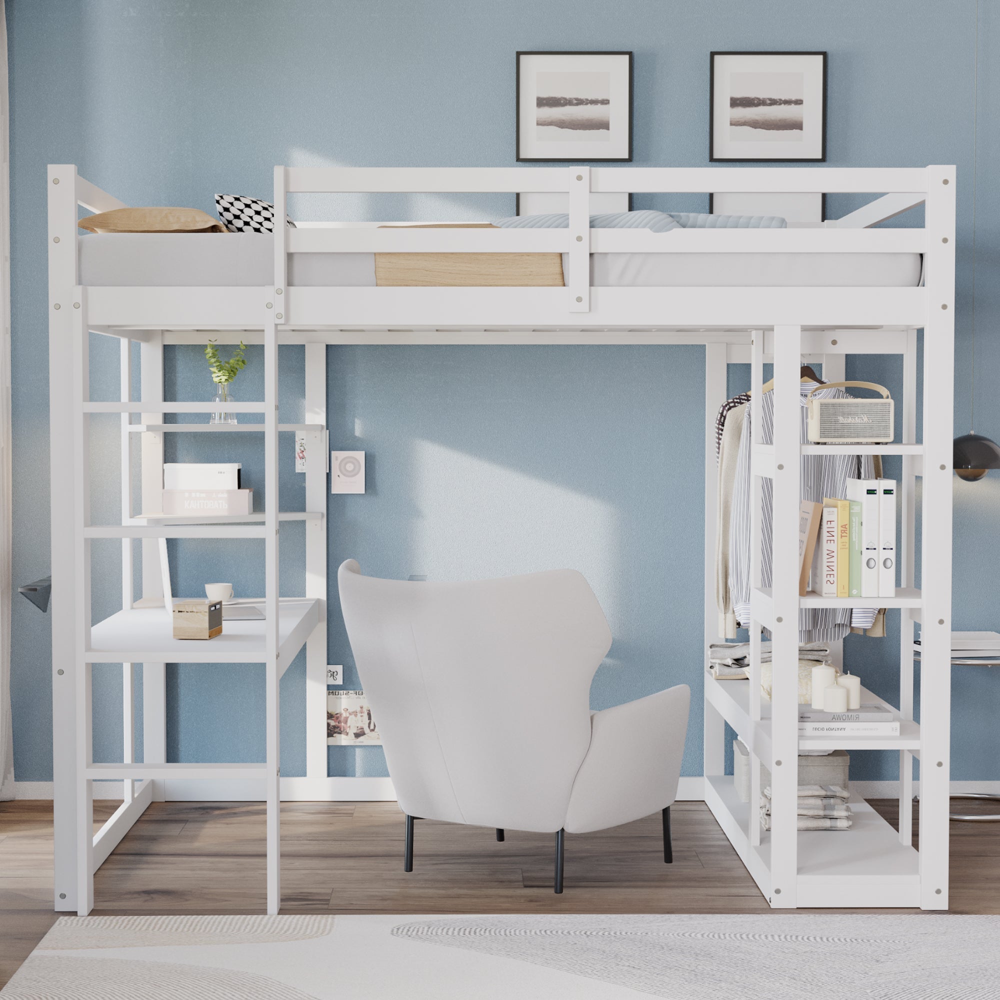 Loft Bed with Desk and Shelves, Solid Wood White and Grey