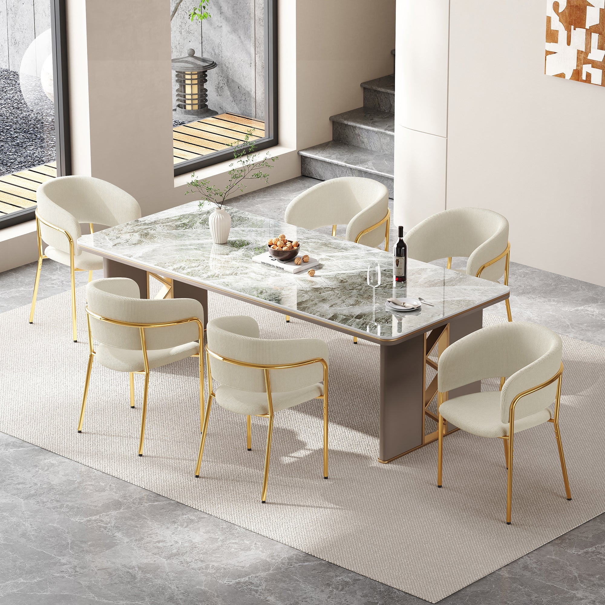6 Modern Chairs, Angled Legs & Adjustable Feet, Corduroy Fabric Beige
