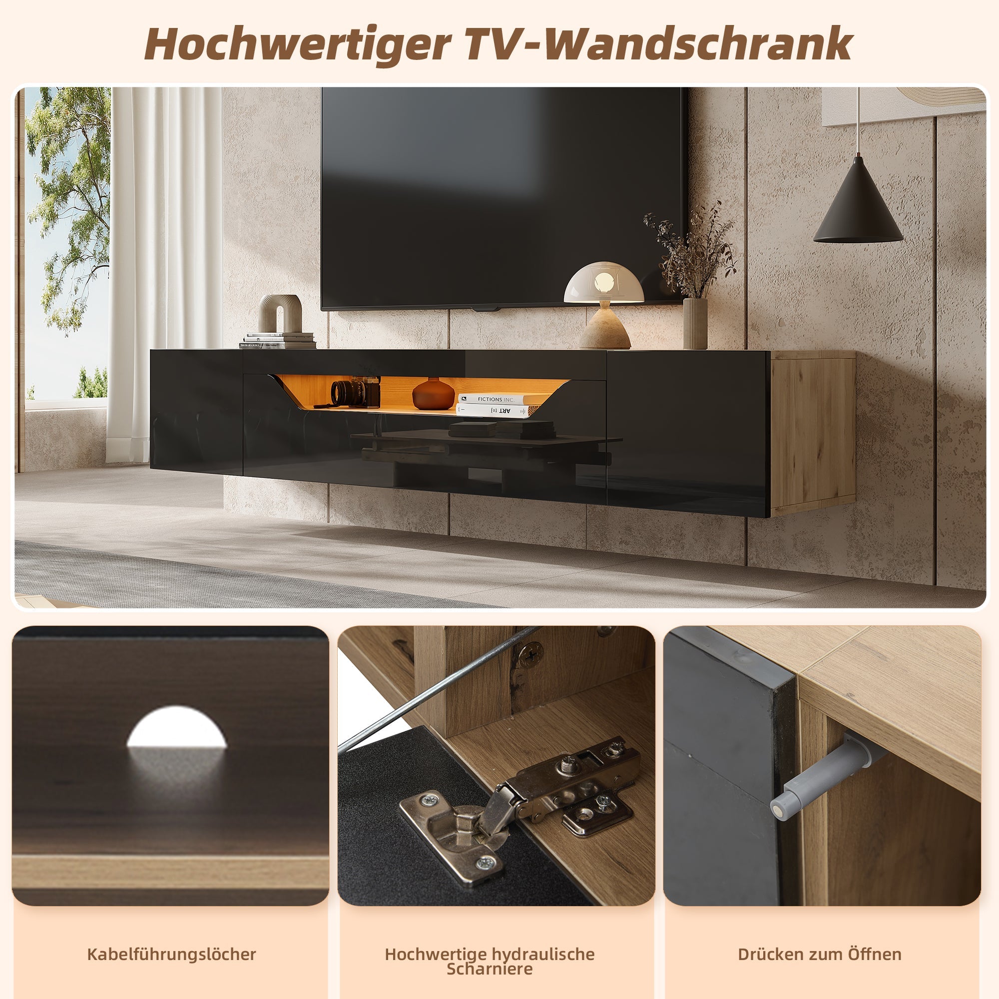 TV cabinet, 3 storage compartments, lowboard, floating wall board, LED light, wall-mountable, suitable for 75-inch TVs, black and wood color