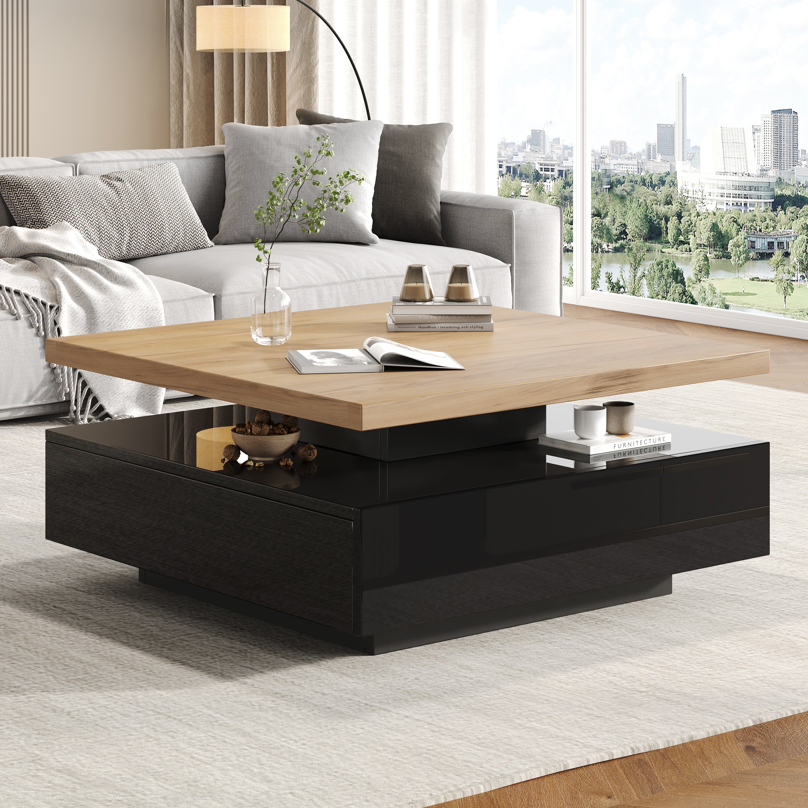 Coffee Table Multifunctional 360° Swivel 2-Tier Storage - Natural/Black Chipboard