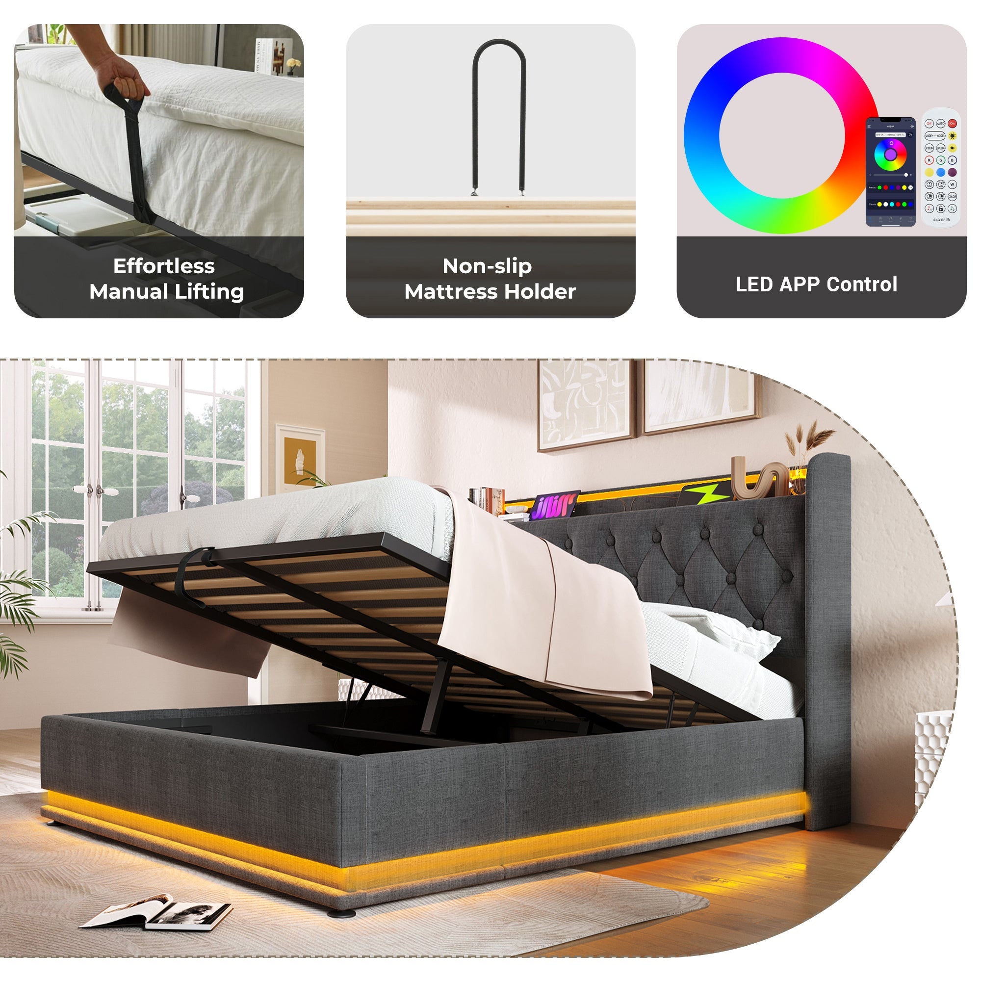 Upholstered Double Ottoman Bed with LED & Hydraulic Storage, 4ft6, Linen Grey