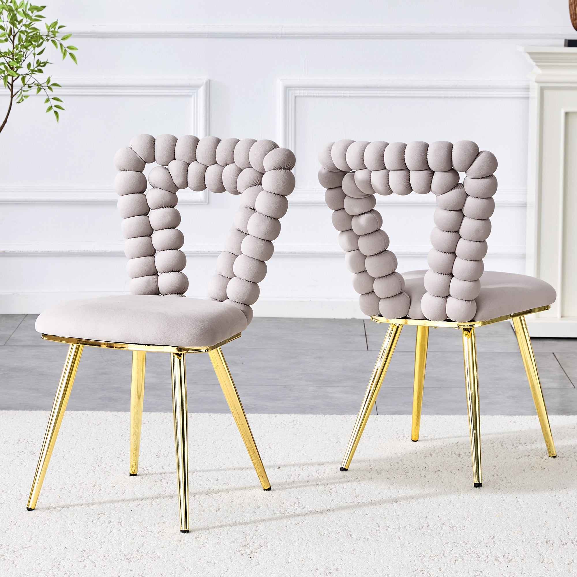 Dining Chairs (Set of 2) Triangular Cutout Backrest Gold Metal Legs - Light Grey Velvet