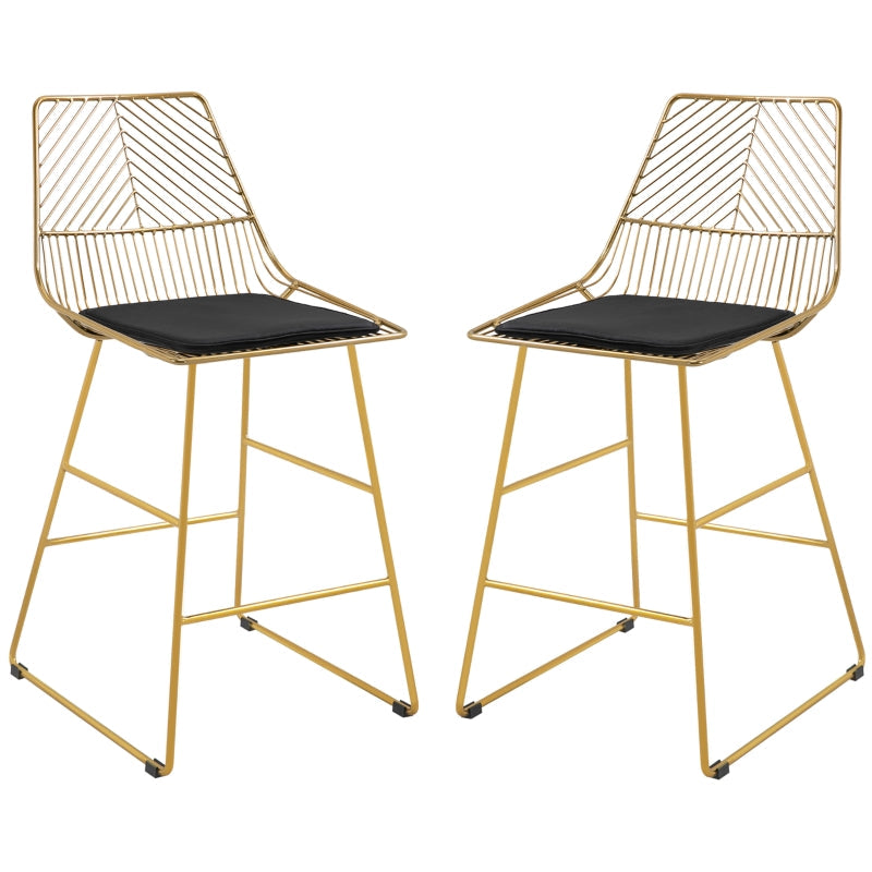 Set of 2 Bar Stools, Modern Counter Height Chairs, Wire Metal Frame, Gold