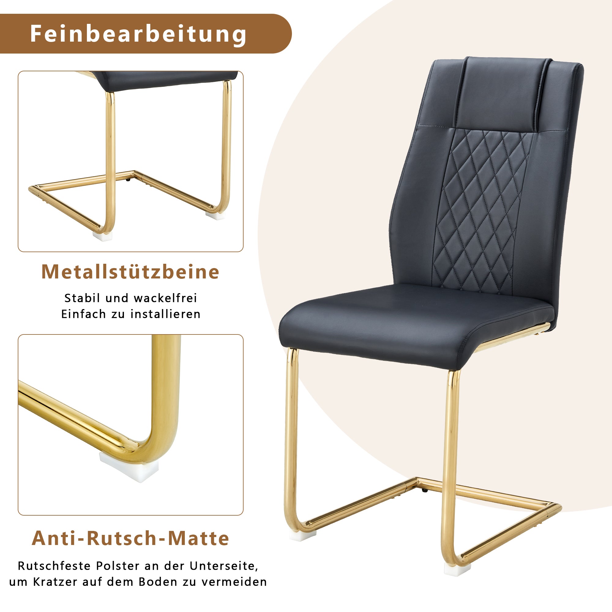 Scandinavian Dining Chairs Set of 4 Mesh Back Gold Metal Legs - Black PU Leather