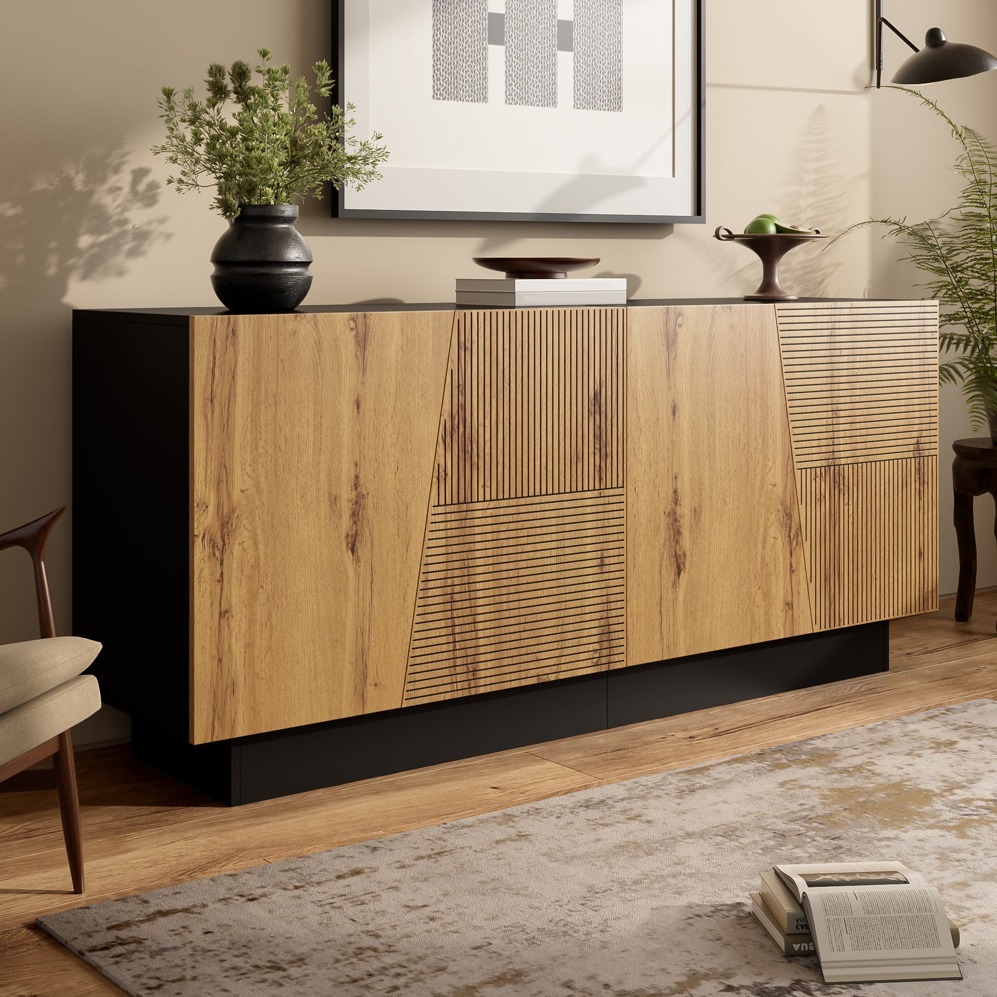 Sideboard 160cm Ample Storage Geometric Design Adjustable Shelf Black/Wood Particleboard