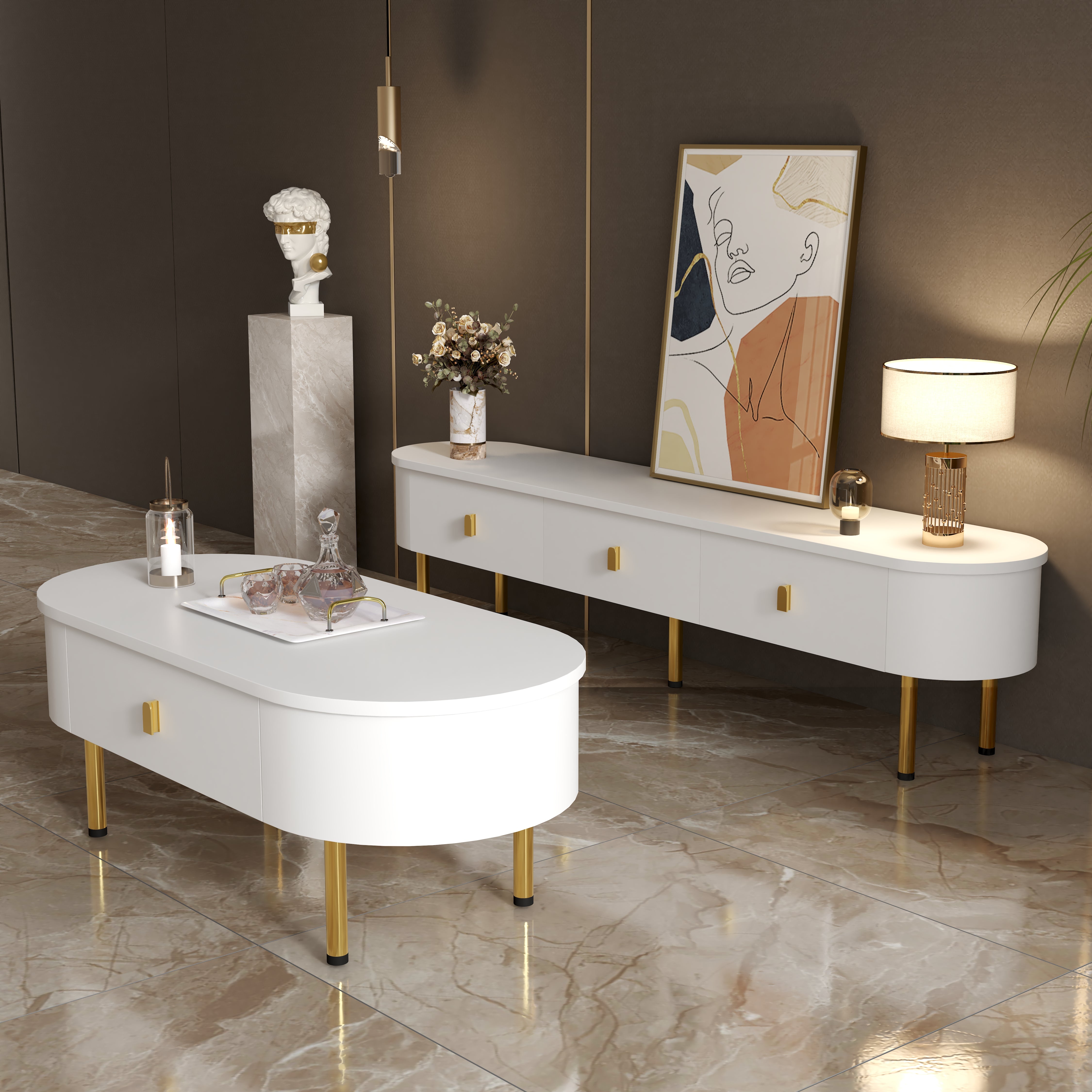 TV Cabinet Coffee Table Set, Luxury Living Room Combination with Drawers, Rounded Corners, White and Gold