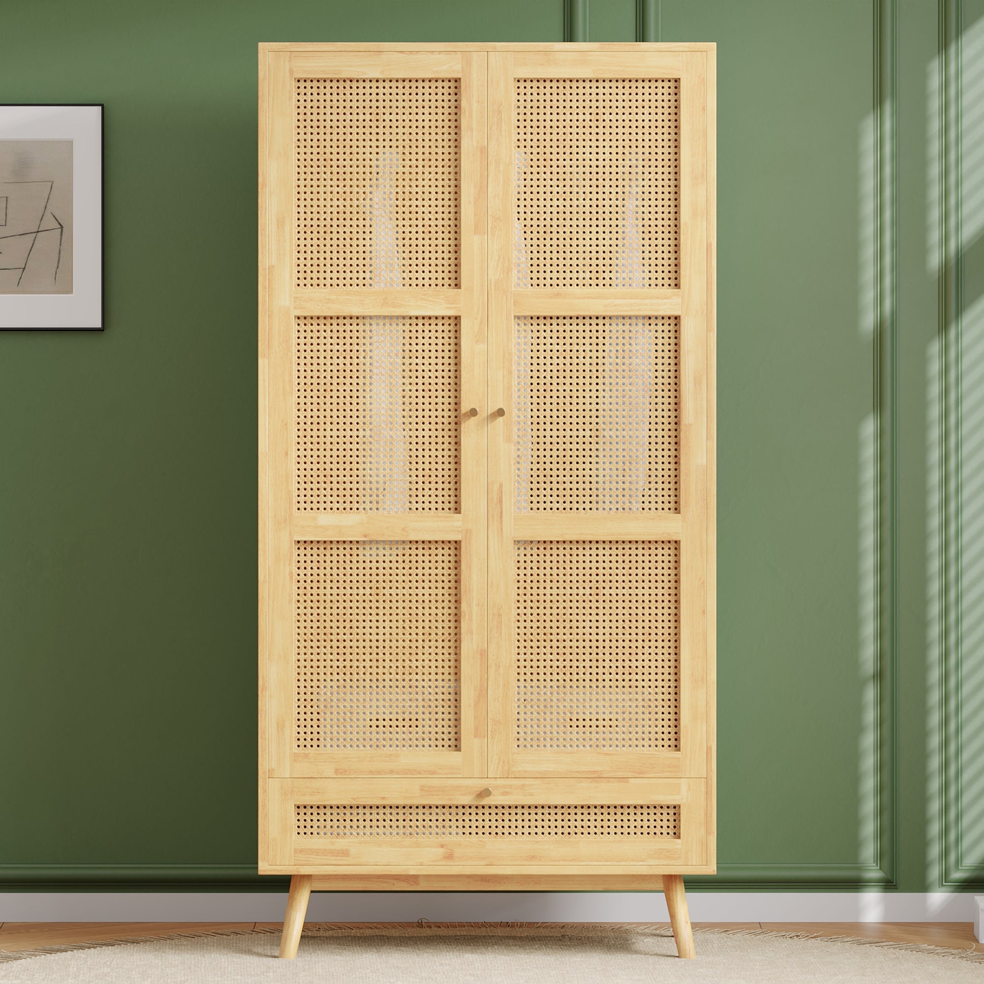 Wardrobe 2-Door Hanging Rail Rattan Net Flip-Top Lid, Natural Chipboard/PE Rattan