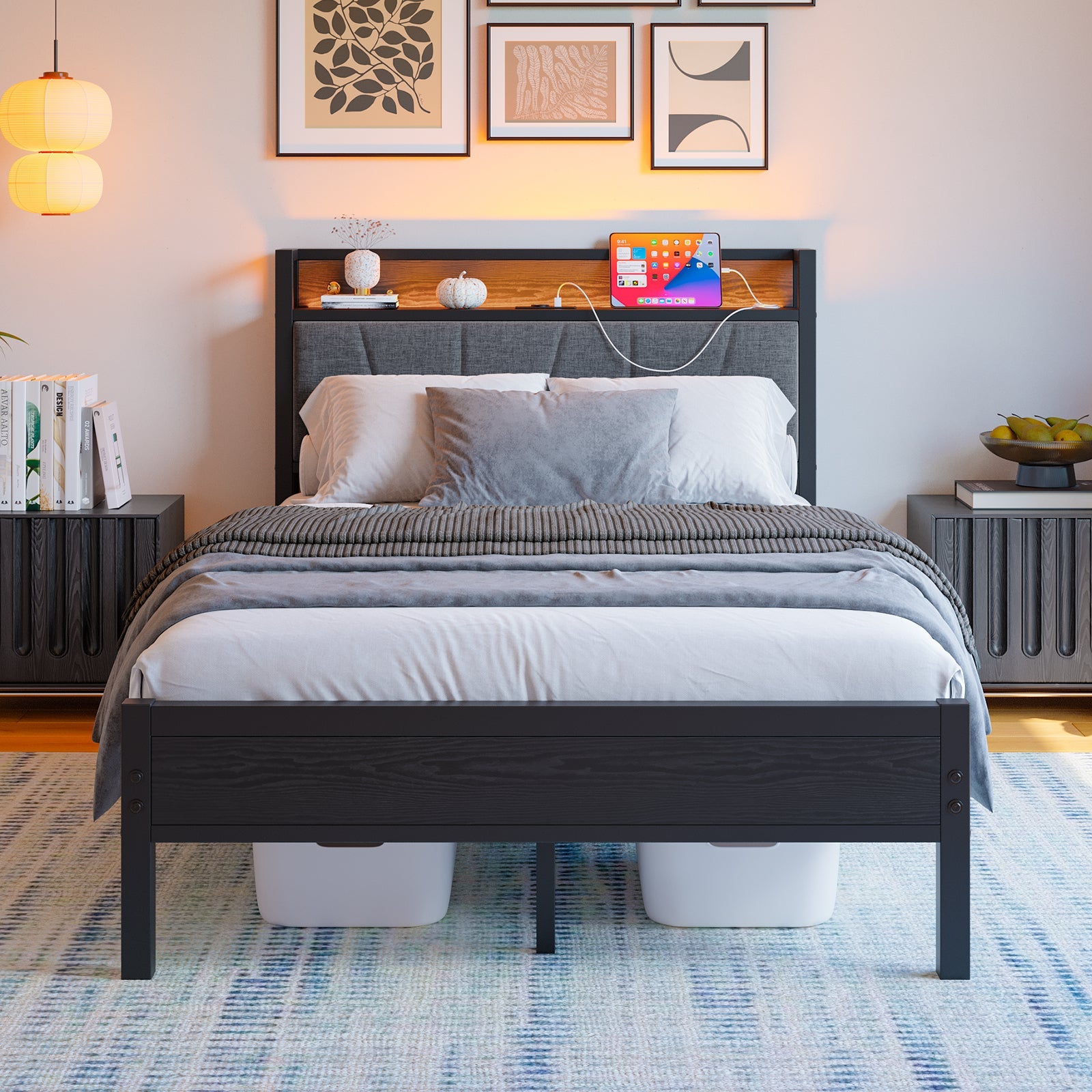 Bed Frame 120x200cm Smart LED USB Memory Headboard - Metal Slatted