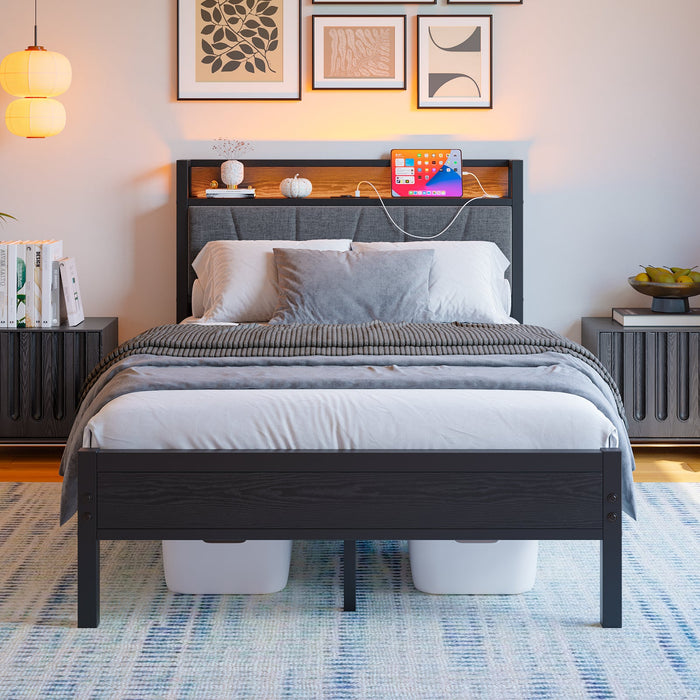 Bed Frame 120x200cm Smart LED USB Memory Headboard - Metal Slatted