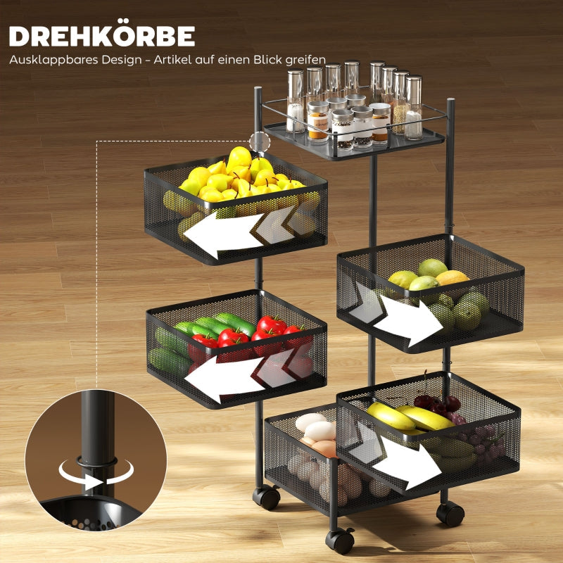 Kitchen Trolley with 5 Rotating Baskets and 4 Swivel Casters, Black Metal