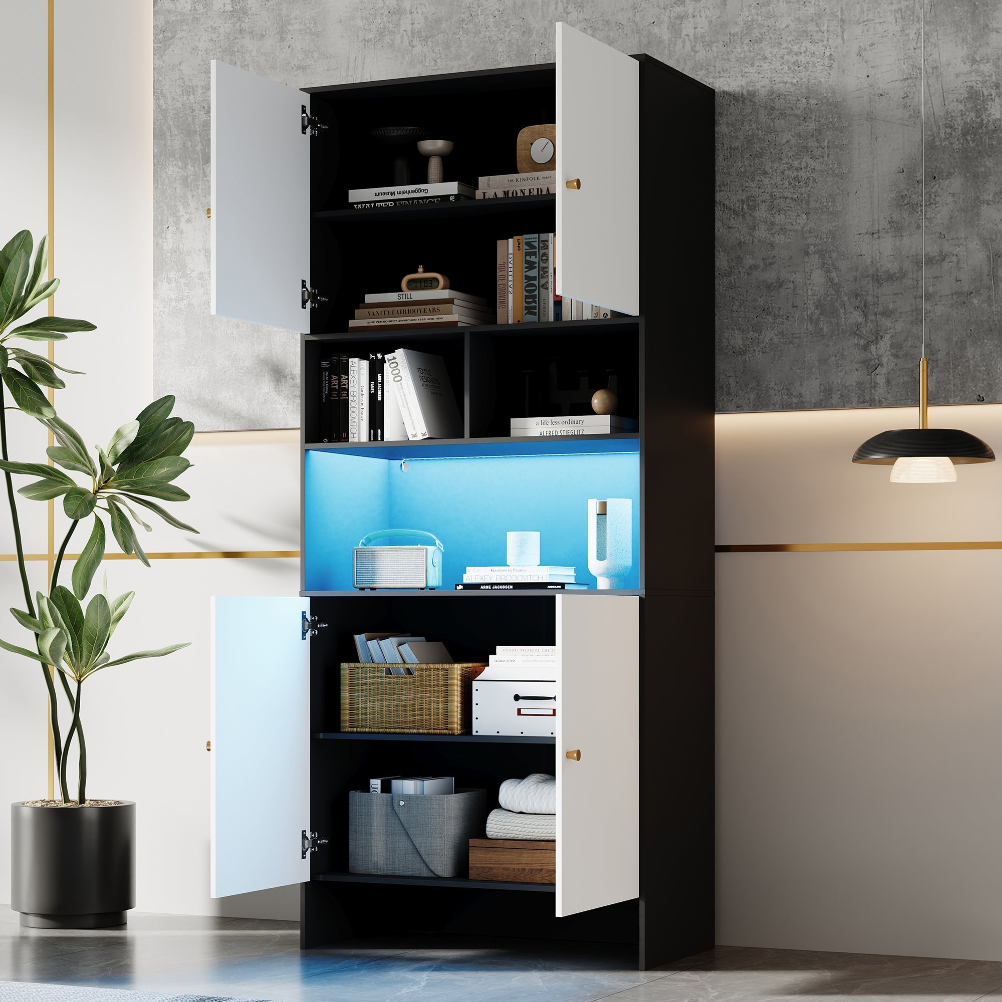 Multi-purpose Cabinet with 4 Doors and 3 Open Compartments, Black and White Wood