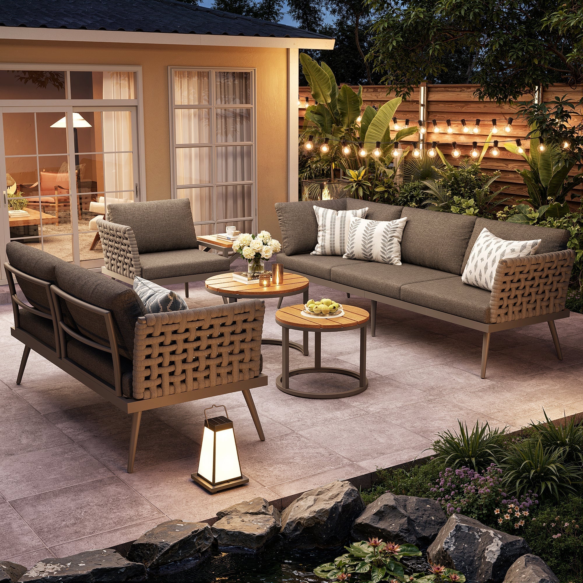 L-Shaped Garden Sofa Set with Coffee Tables and Armchairs, Grey and Beige