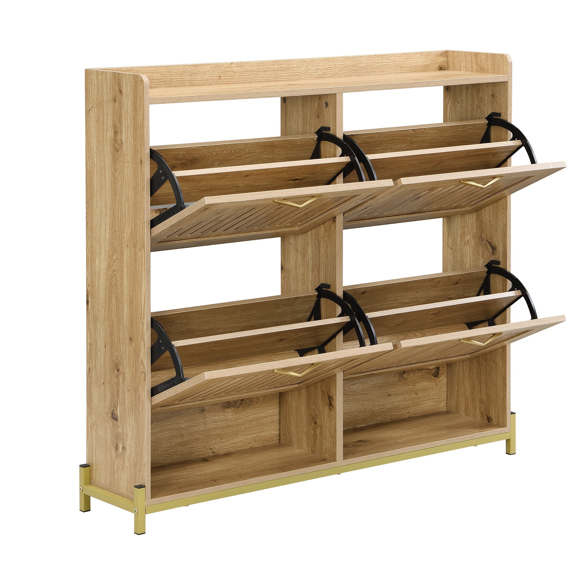 Shoe Cabinet 4 Doors, Vertical Slatted, Space-Saving with Shelf, Wood/Metal