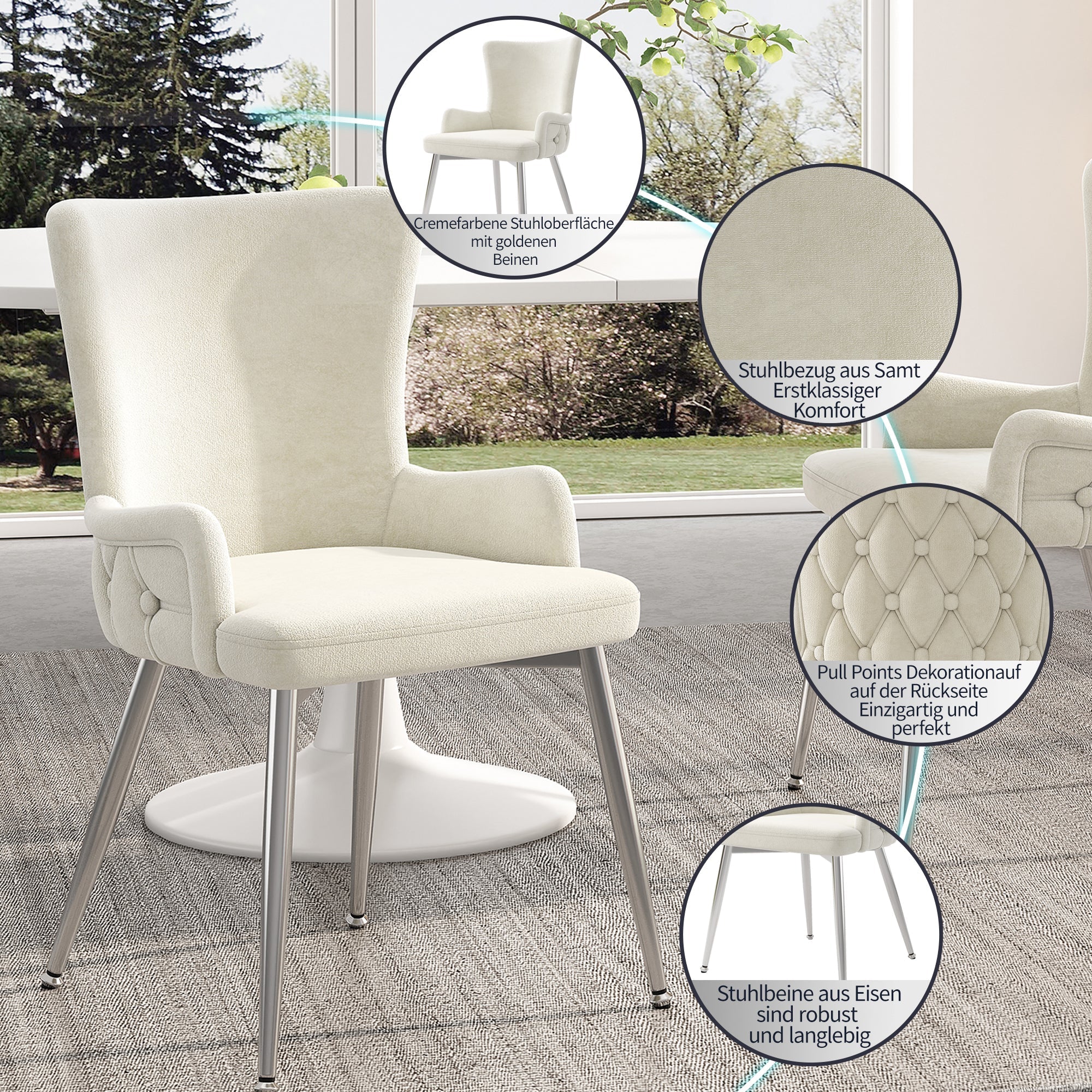 Dining Chair, Set of 4, Luxurious Lounge Chair with Silver Metal Legs, Beige Velvet