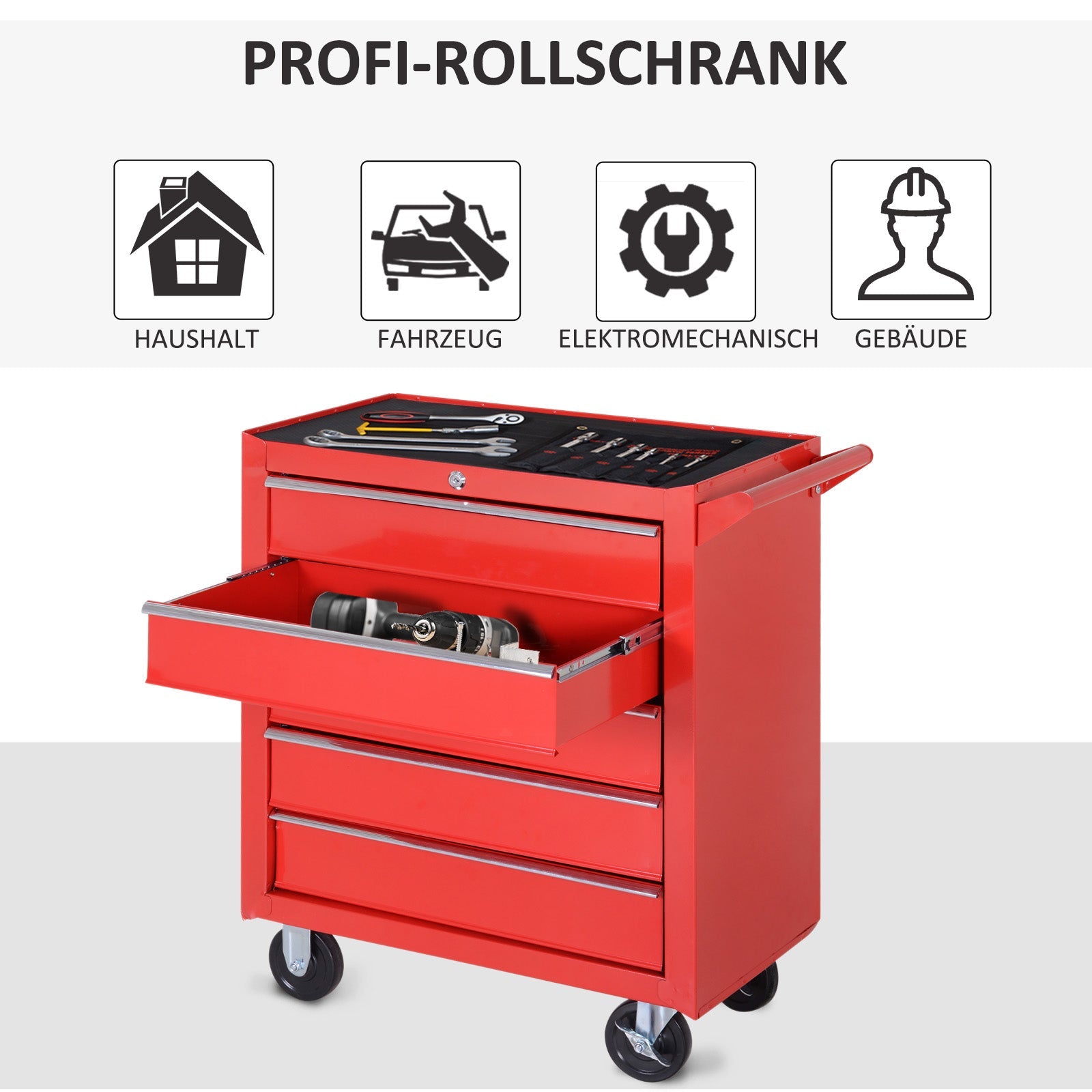 DURHAND Workshop Trolley, 5 Drawers, Lockable, Mobile, 150 kg, Steel Red