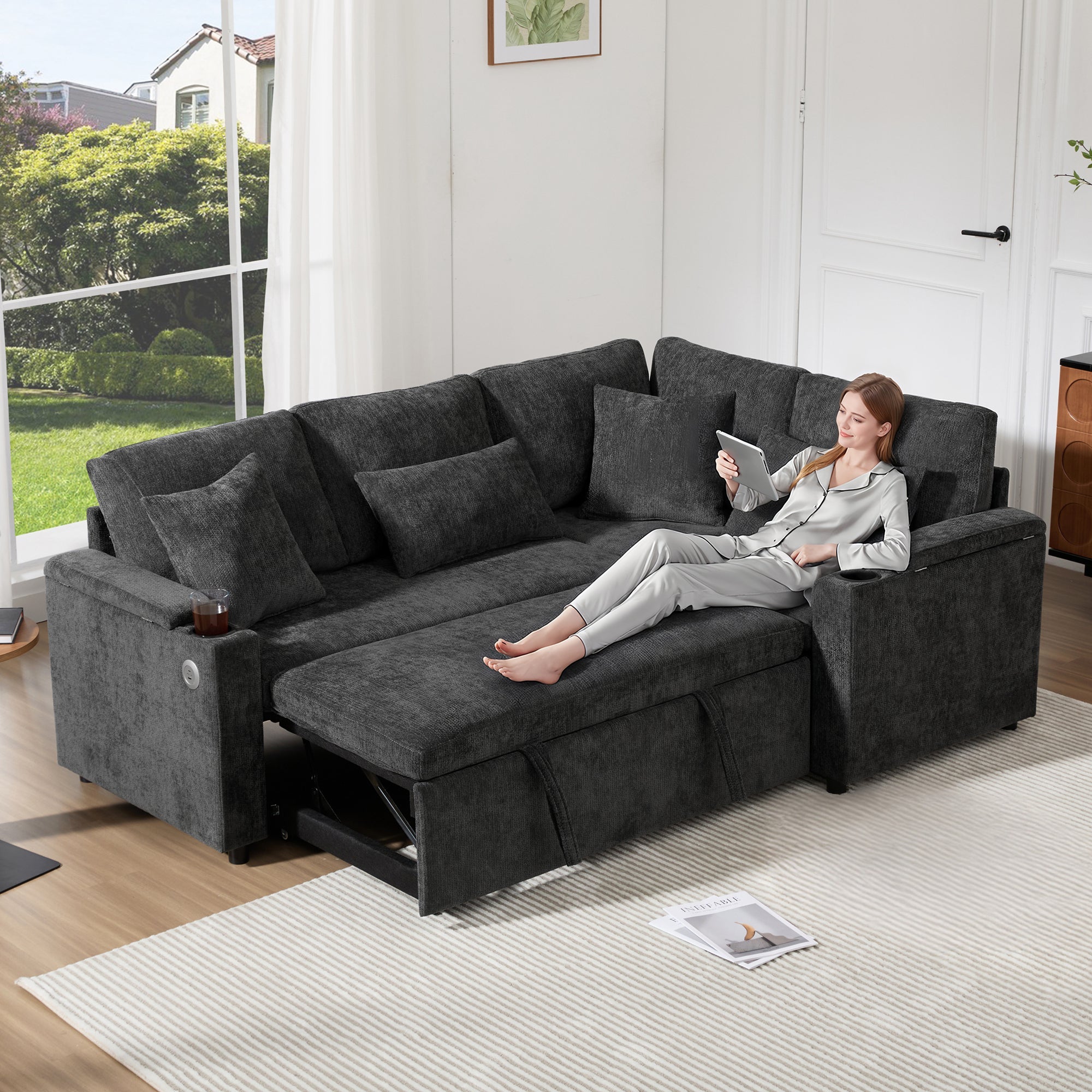 L-Shaped Extendable Sofa, Convertible Chaise Storage USB Cup Holders, Gray