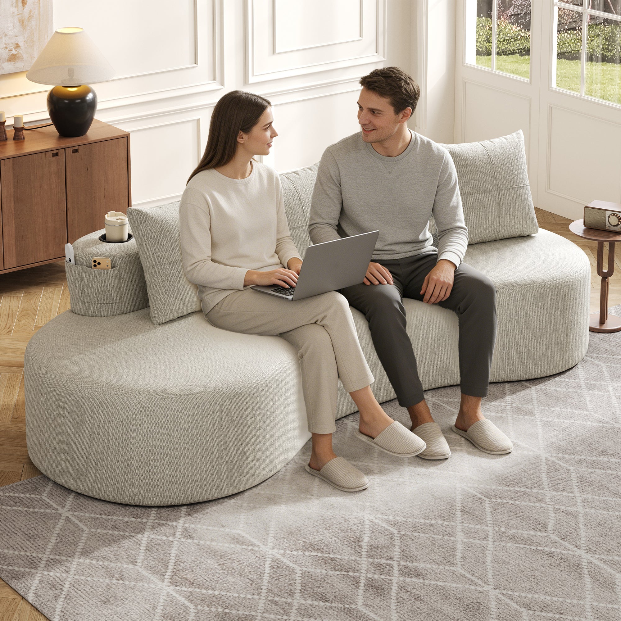 Linen Sofa with 4 Cushions, Cup Holder and Side Pocket, Beige