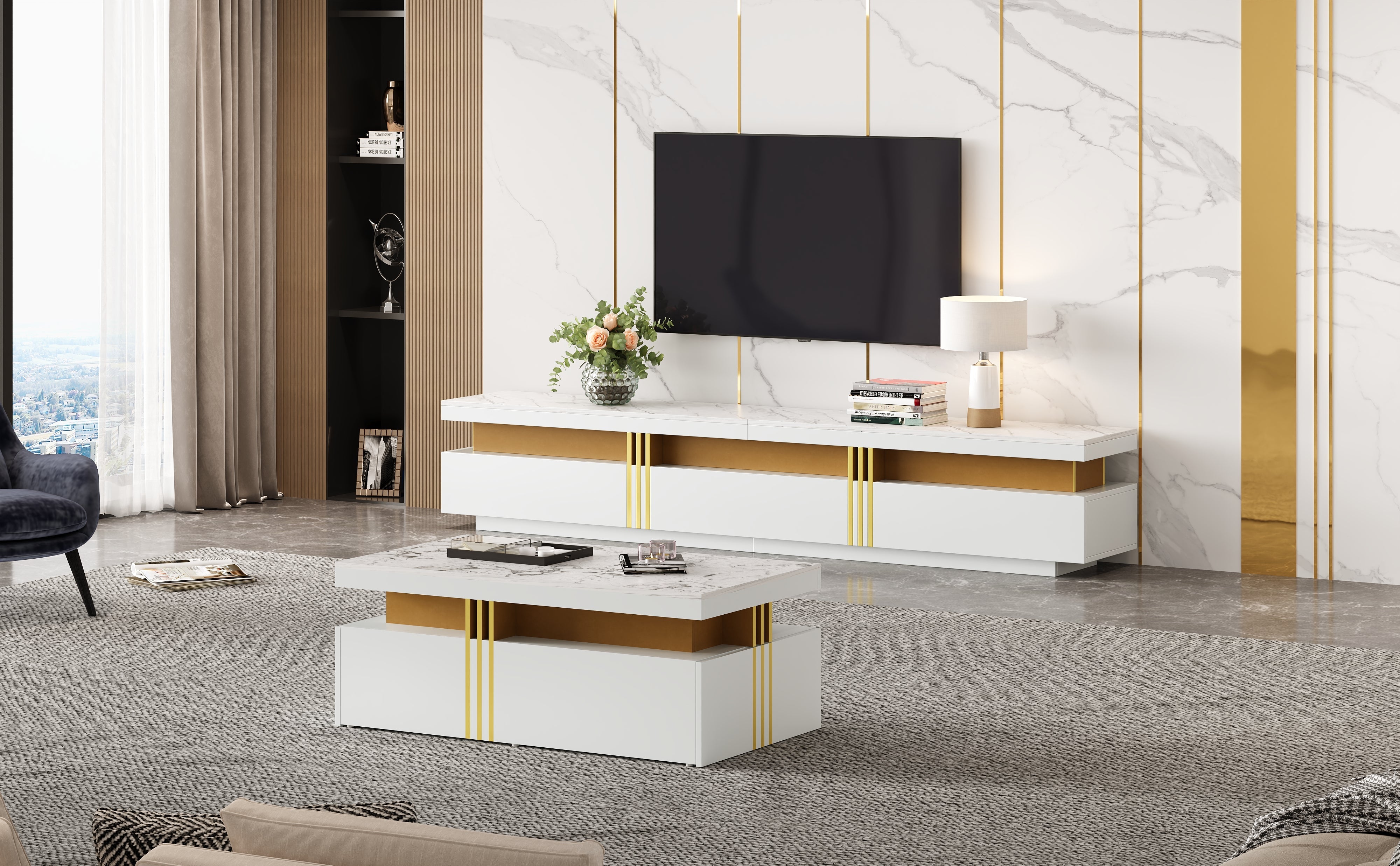 TV Wall Cabinet Set with Coffee Table & TV Cabinet, White