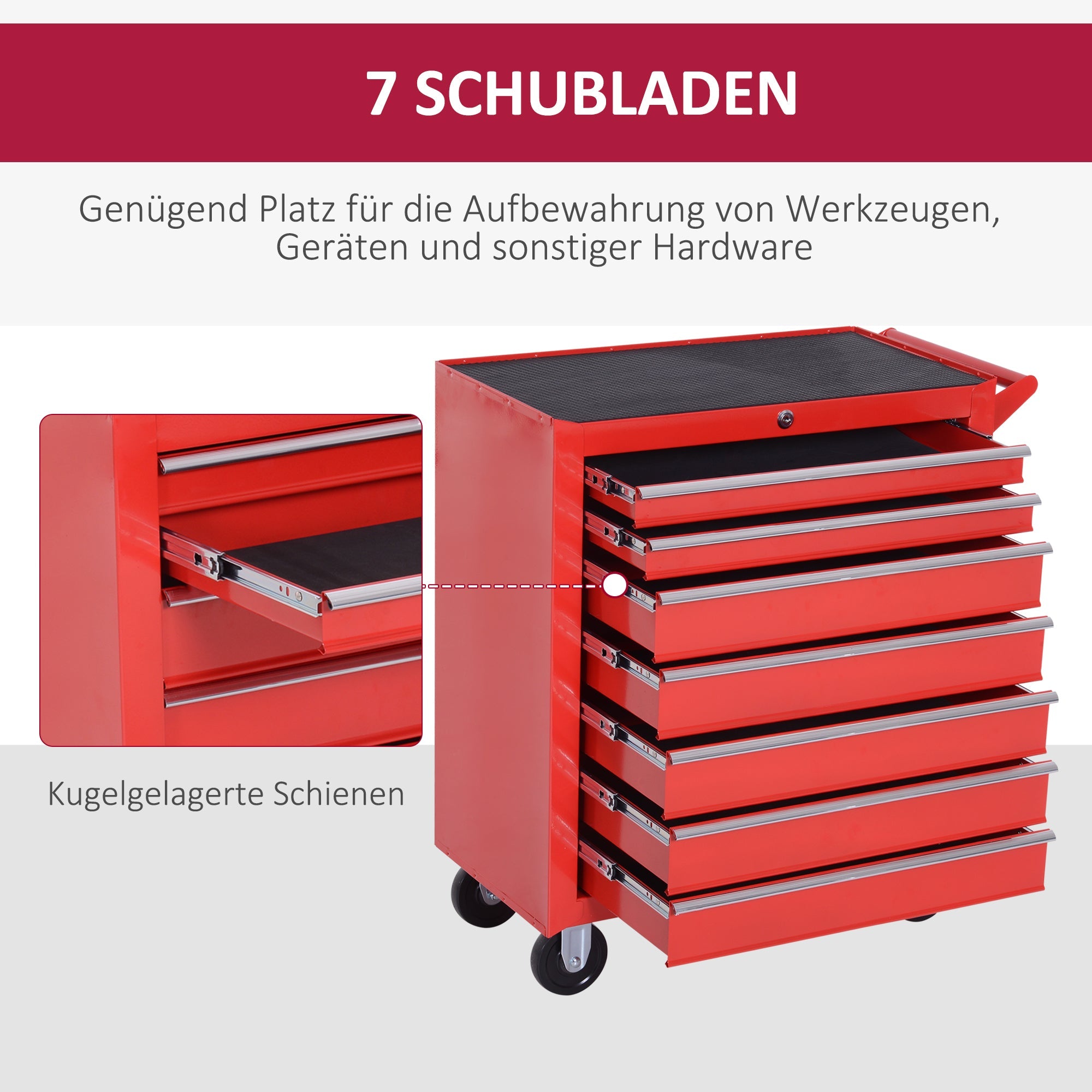 DURHAND Workshop Trolley, 7 Drawers, Lockable, 150 kg, Steel Red