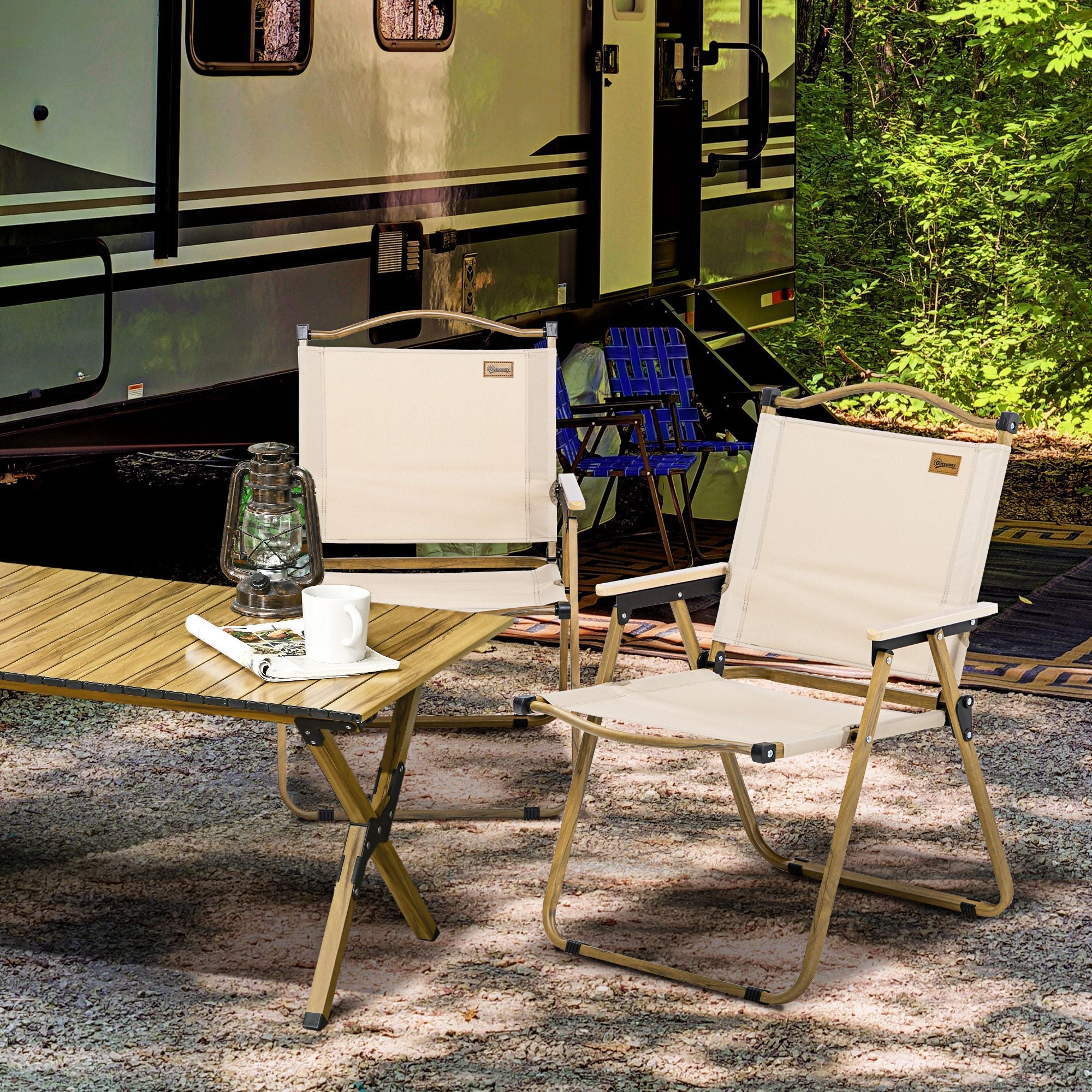 Camping Chair Set of 2 Foldable Steel Frame Wood Look Khaki Oxford