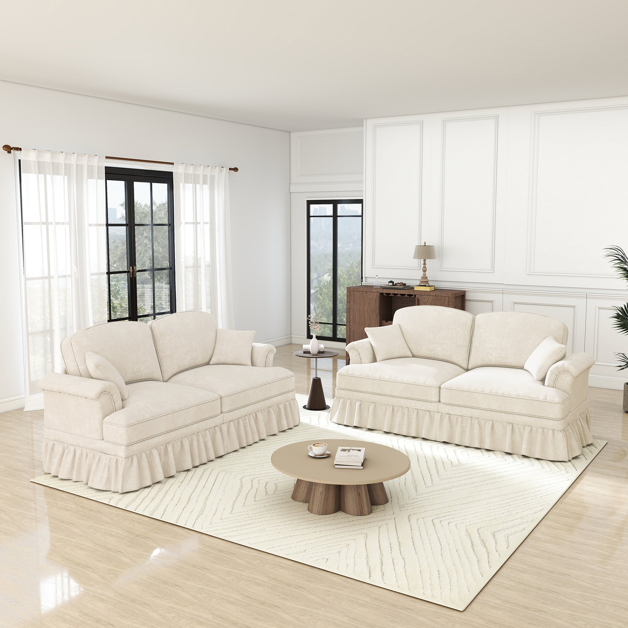 L-Shaped 2-Seater Sofa Mid-Century Chenille Movable Ottoman - White