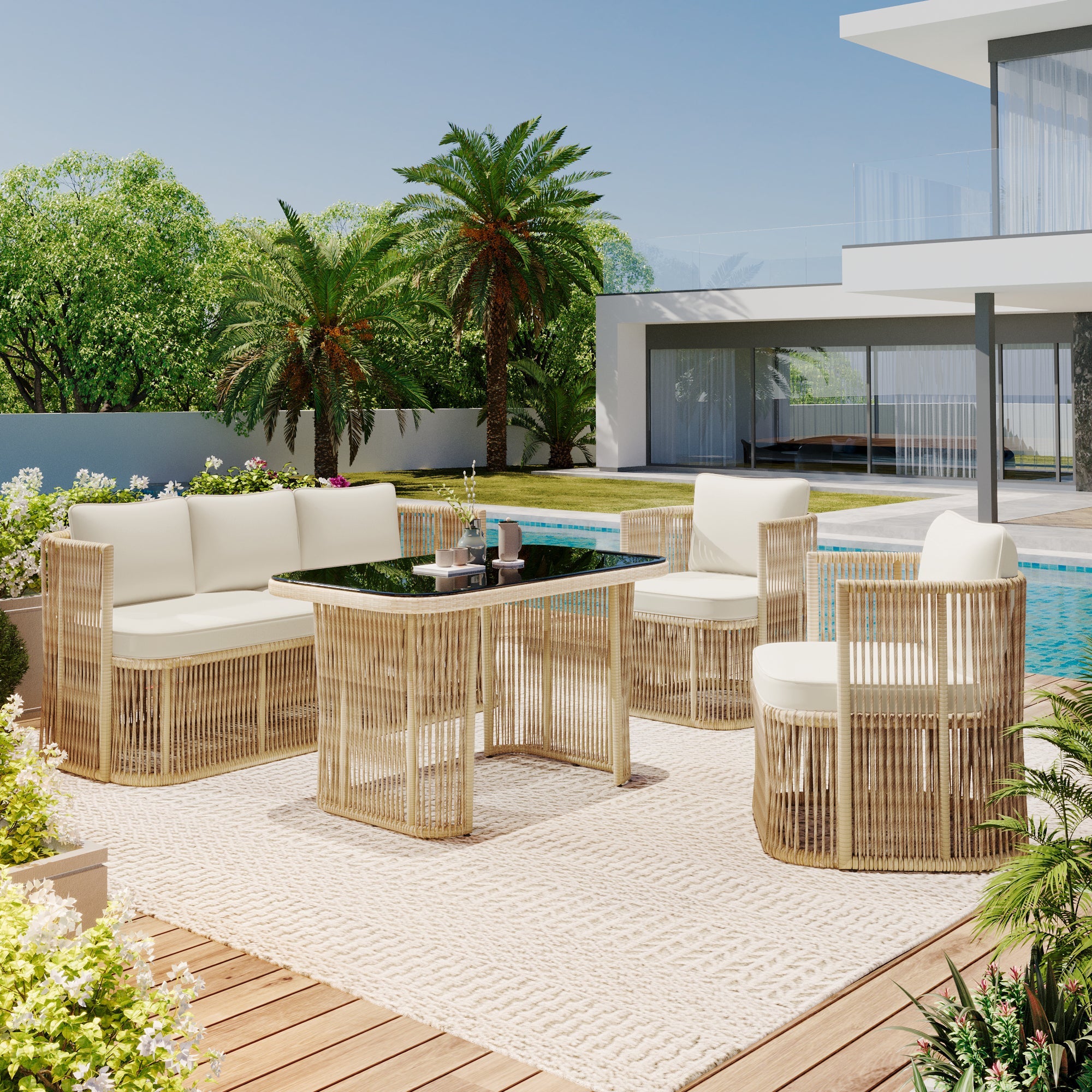 4-Piece Garden Furniture Set with 3-Seater Sofa, 2 Armchairs and Glass Table, PE Rattan and Steel