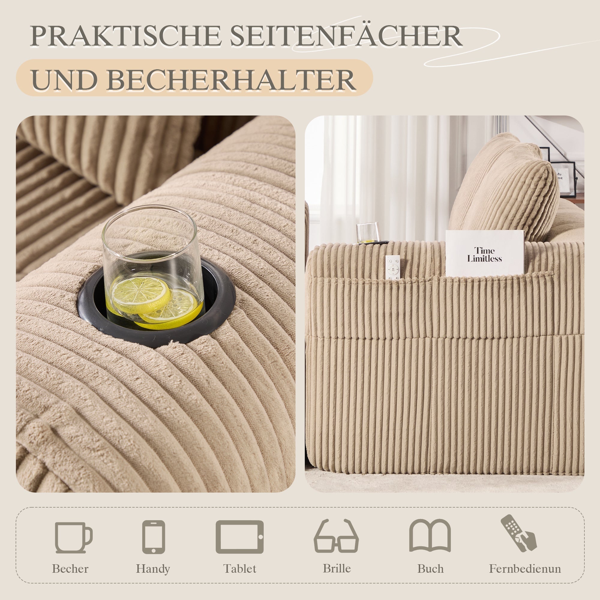 Two-Seater Sofa - No Assembly Storage Pocket Drink Holder - Corduroy