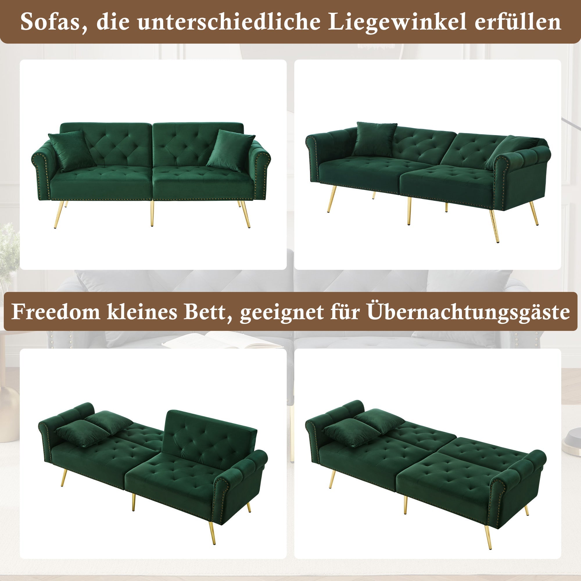 Sofa Bed, 2-Seater Adjustable Backrest Space-Saving, Velvet