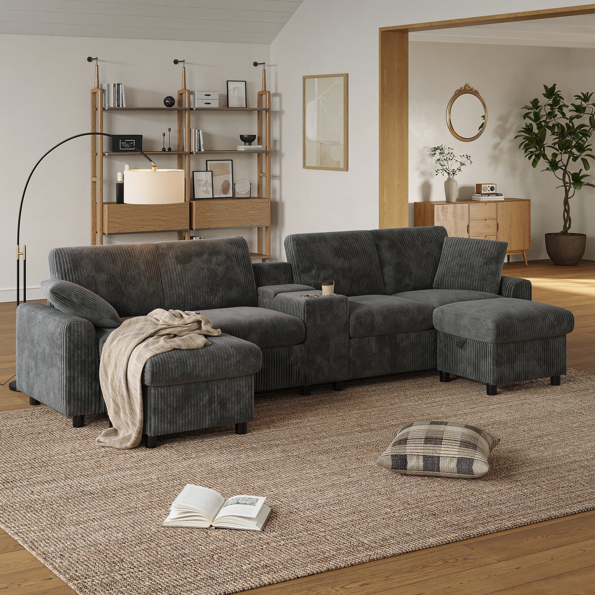 U-shaped Sofa with Storage Footstools Coffee Table USB Power Corduroy Grey