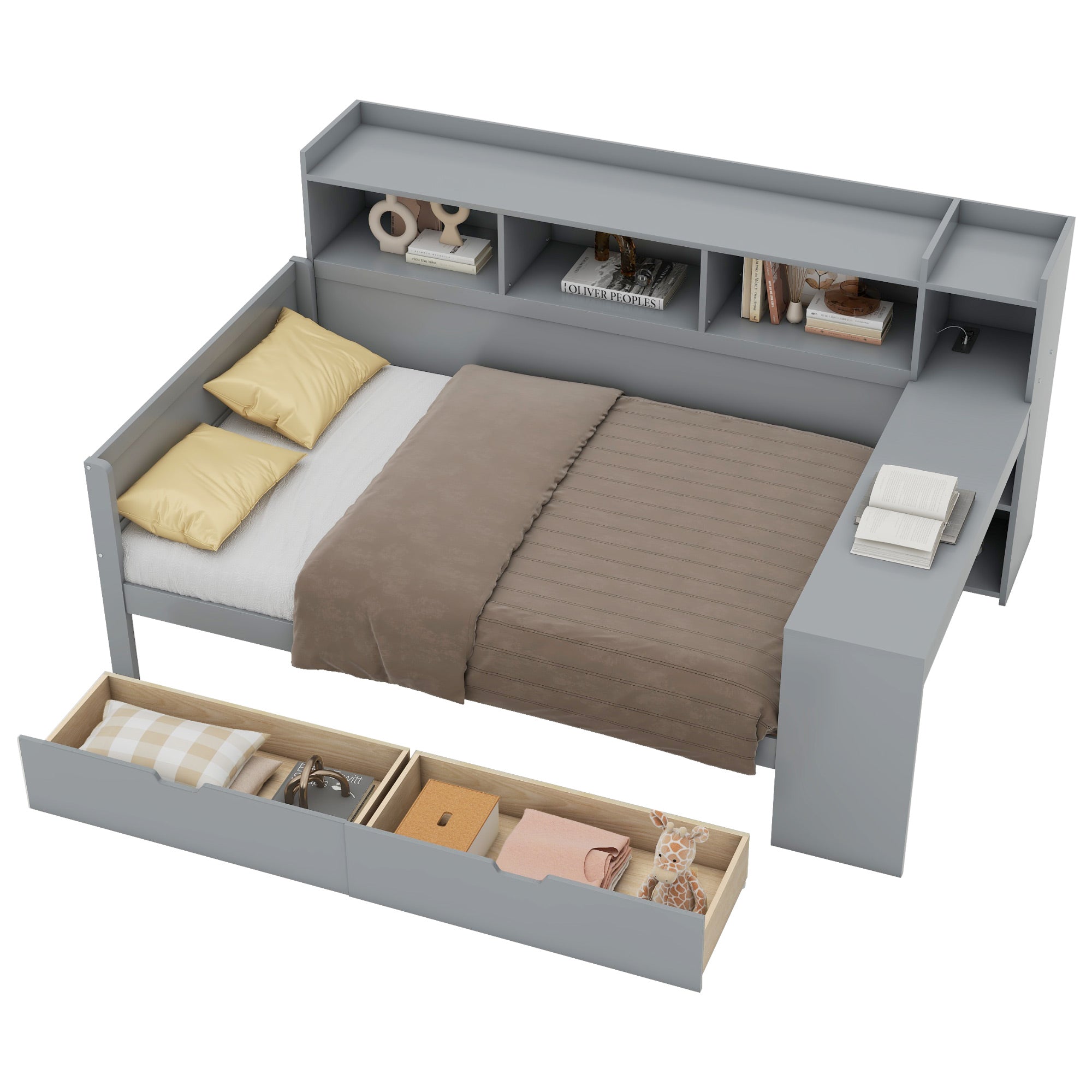 Sofa Bed Daybed, 90x200cm, USB, 2 Drawers, Desk, Grey Chipboard