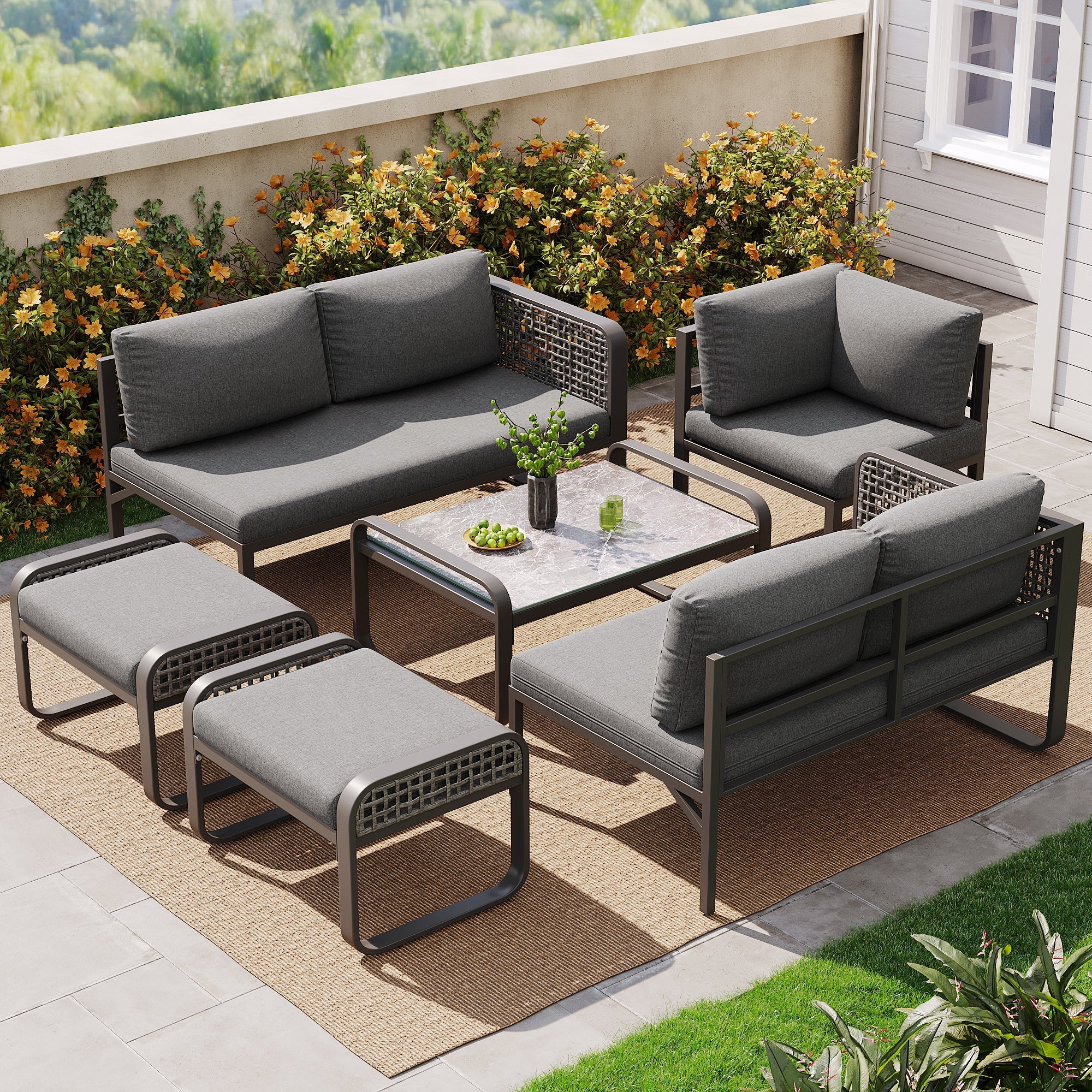 Outdoor Garden Lounge Set, 6-7 People Corner Sofa with Adjustable Legs, Grey Rattan