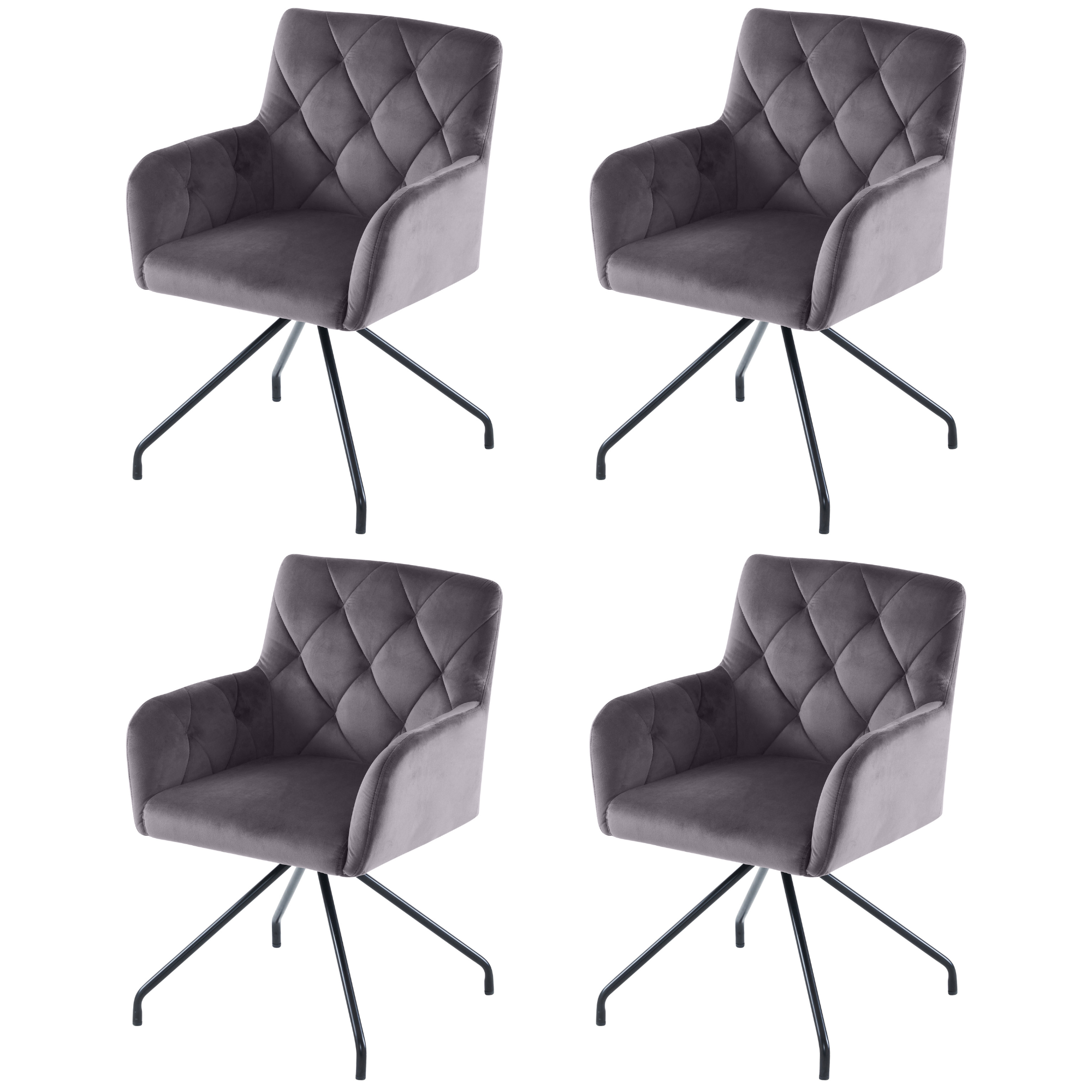 Dining Chairs Set of 4 with Diamond Pattern, Metal Legs and Lumbar Support, Grey Velvet