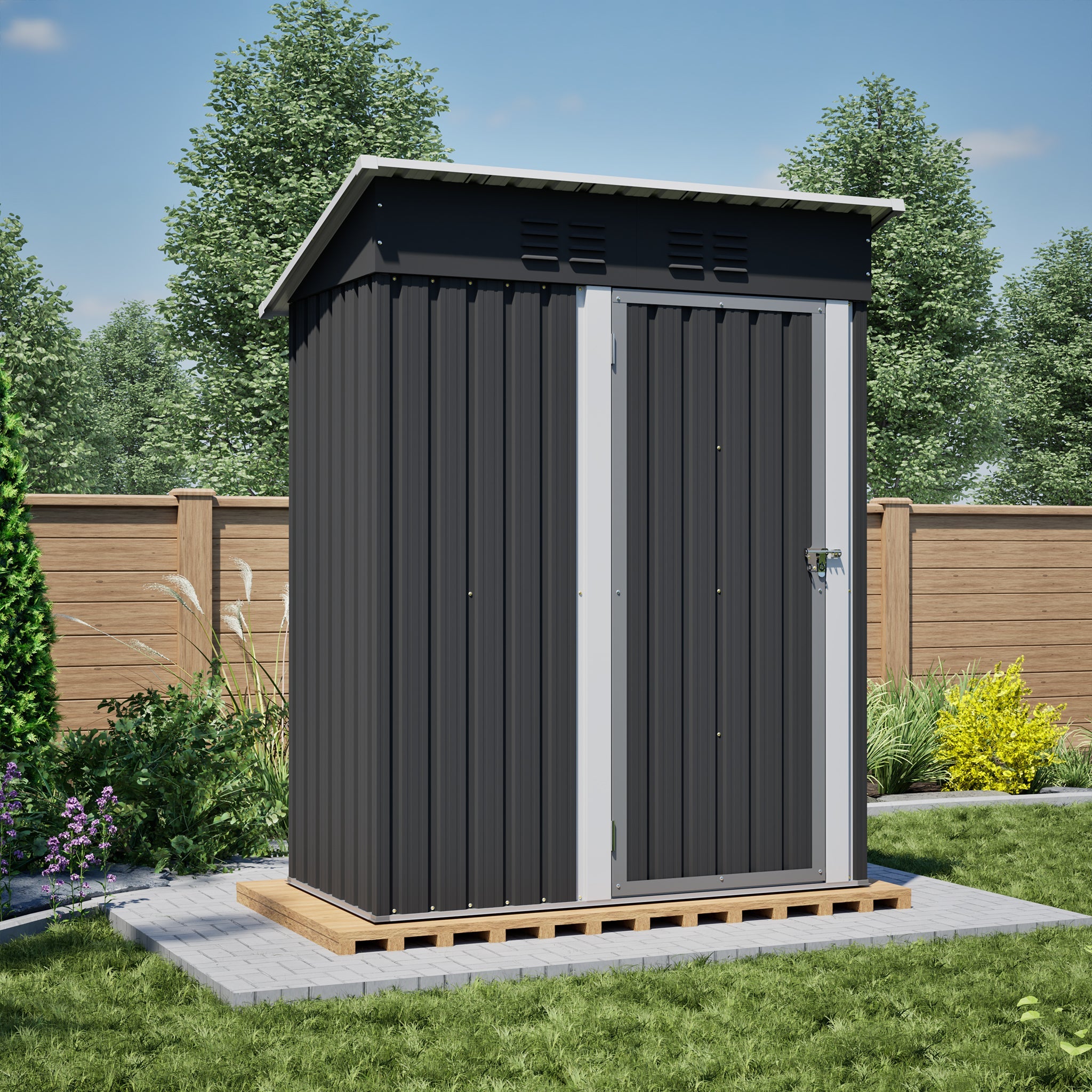 Garden Shed with Flat Roof, 152x84x182 cm, Tool Shed with Lockable Door, Black Metal
