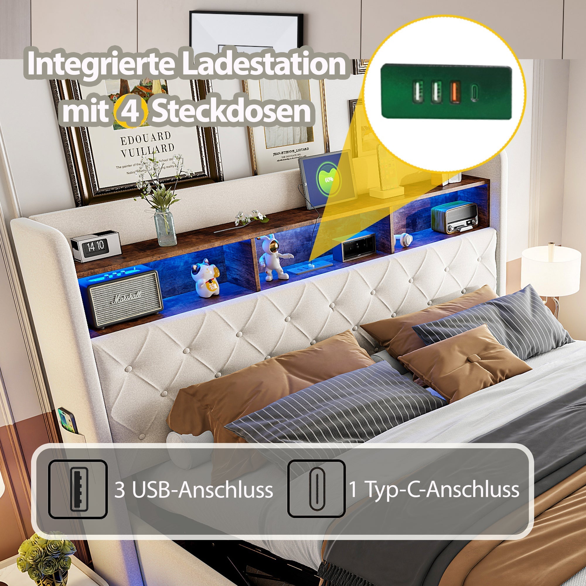 LED Upholstered Bed with USB & Hydraulic Storage, Linen Beige