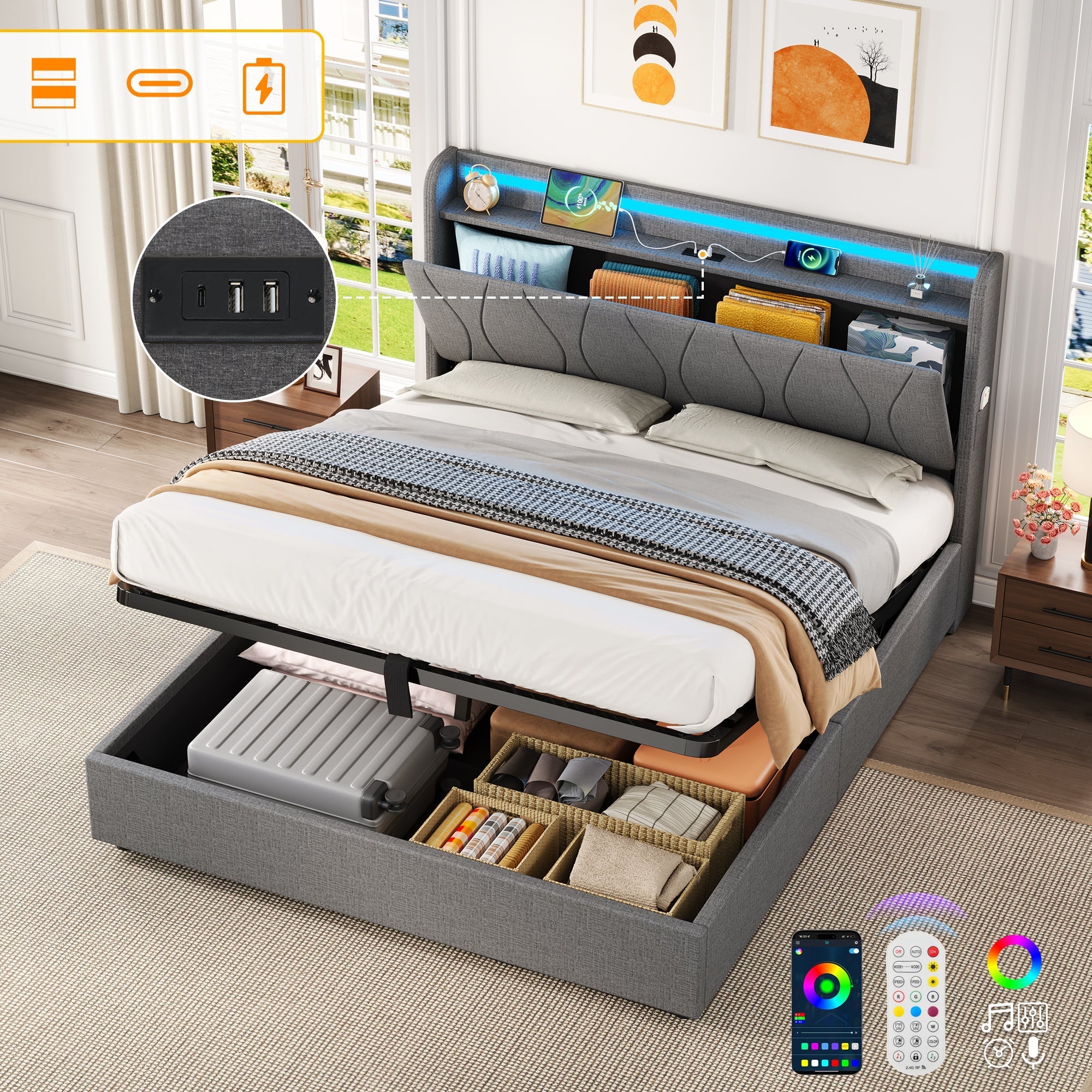 4ft6 Double Upholstered Bed Frame with Hydraulic Storage, LED Headboard, Grey Linen