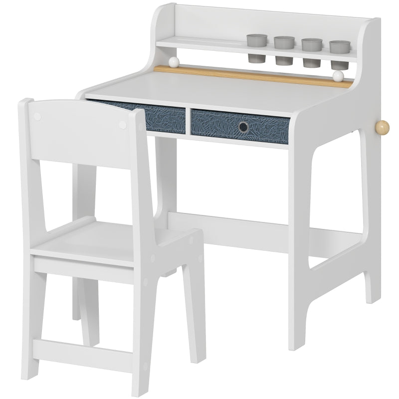 Art Table and Chair Set Kids Art Desk with Storage Shelf and Drawers, White MDF