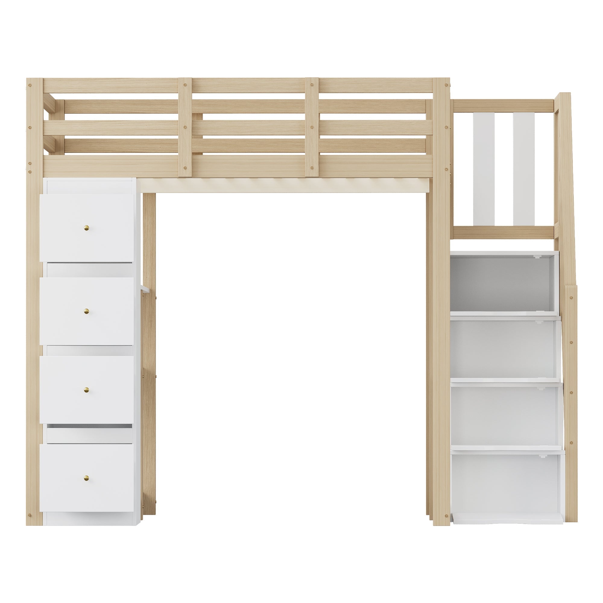 High Loft Bed with 4 Drawers and Storage Shelves, White and Natural Wood Color