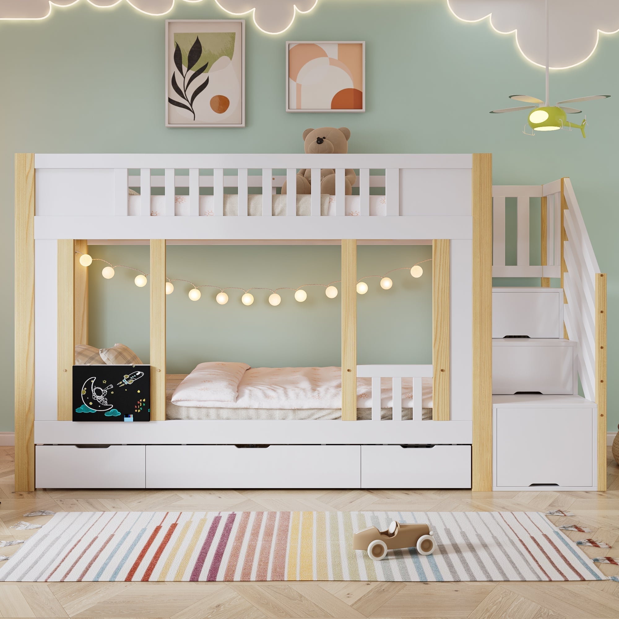 Children's Bunk Bed Storage Stairs Drawers Chalkboard 90x200cm, Pine MDF White/Natural