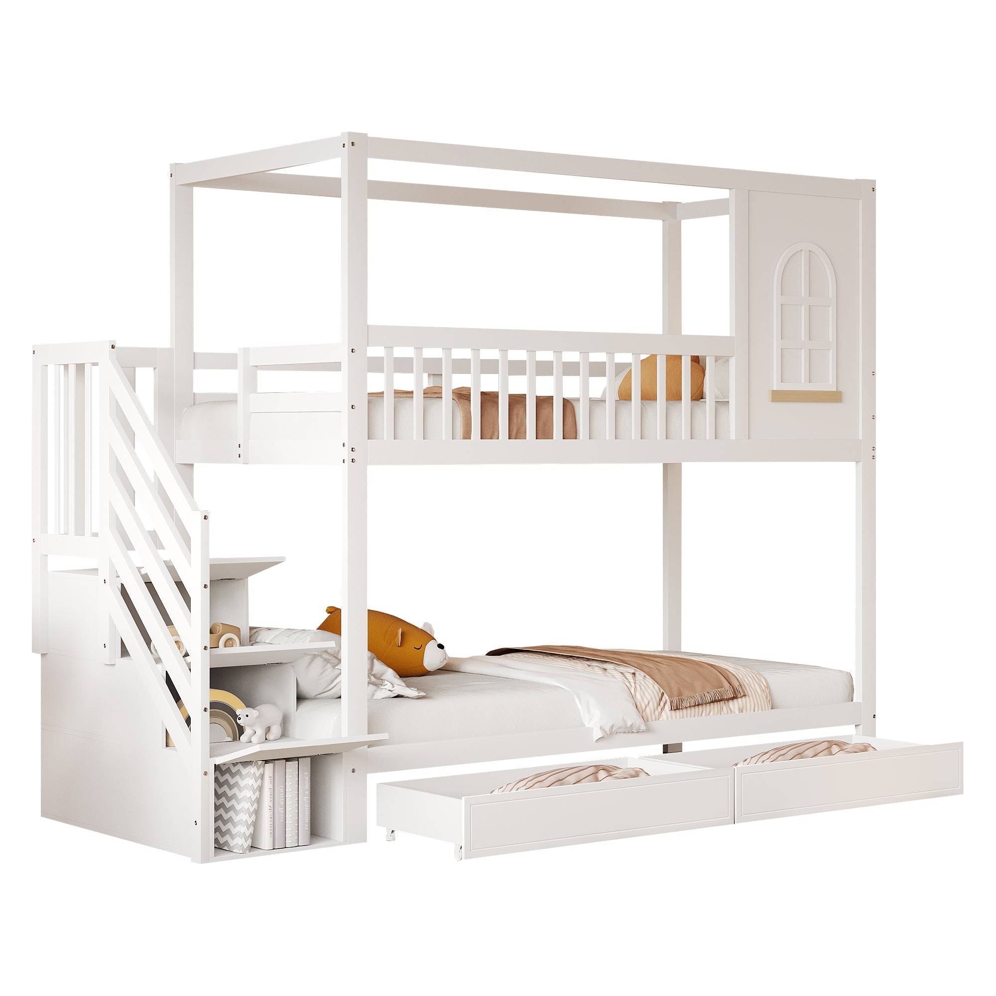 Bunk Bed 90x200cm House Design Drawers Ladder Solid Wood - White