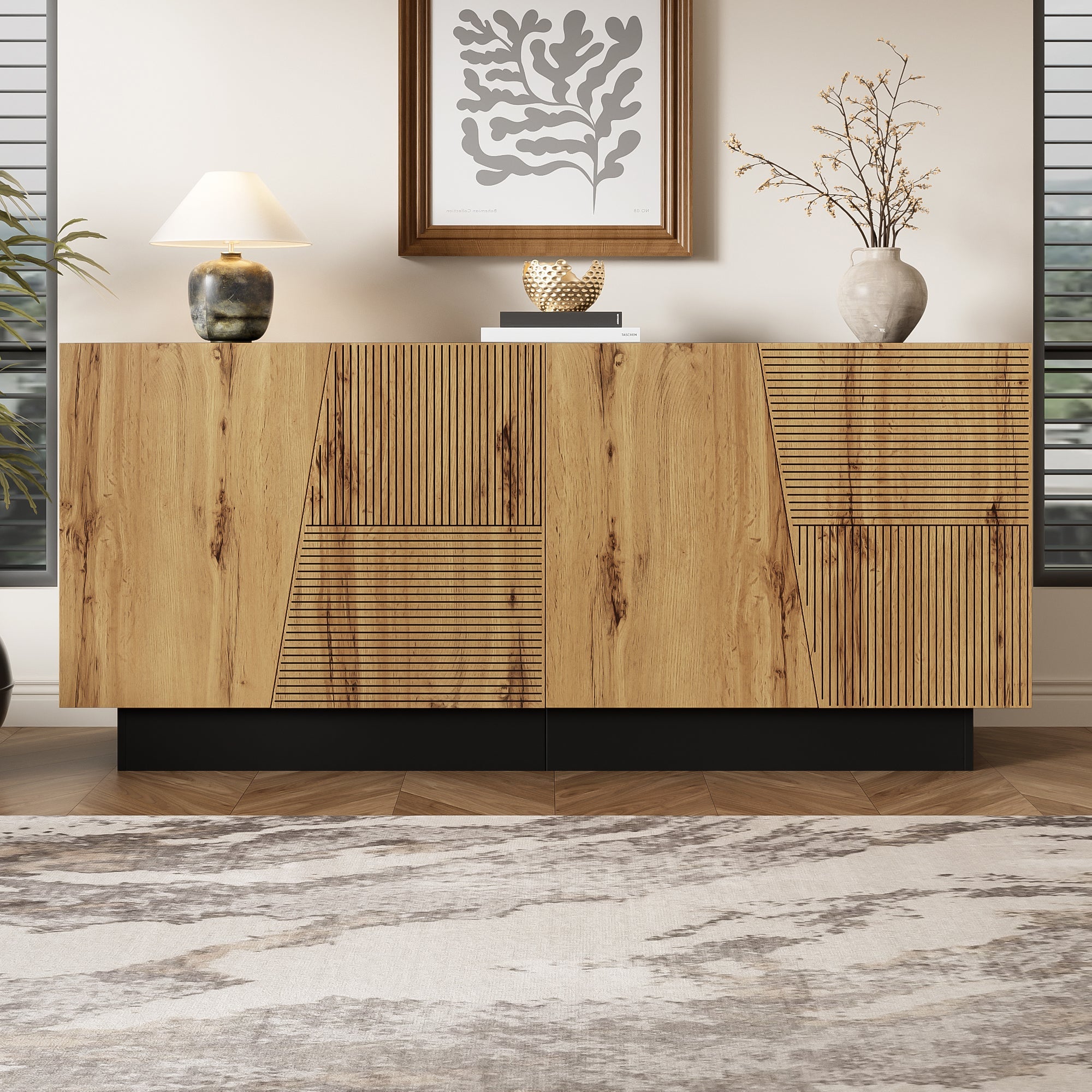 Sideboard 160cm Ample Storage Geometric Design Adjustable Shelf Black/Wood Particleboard
